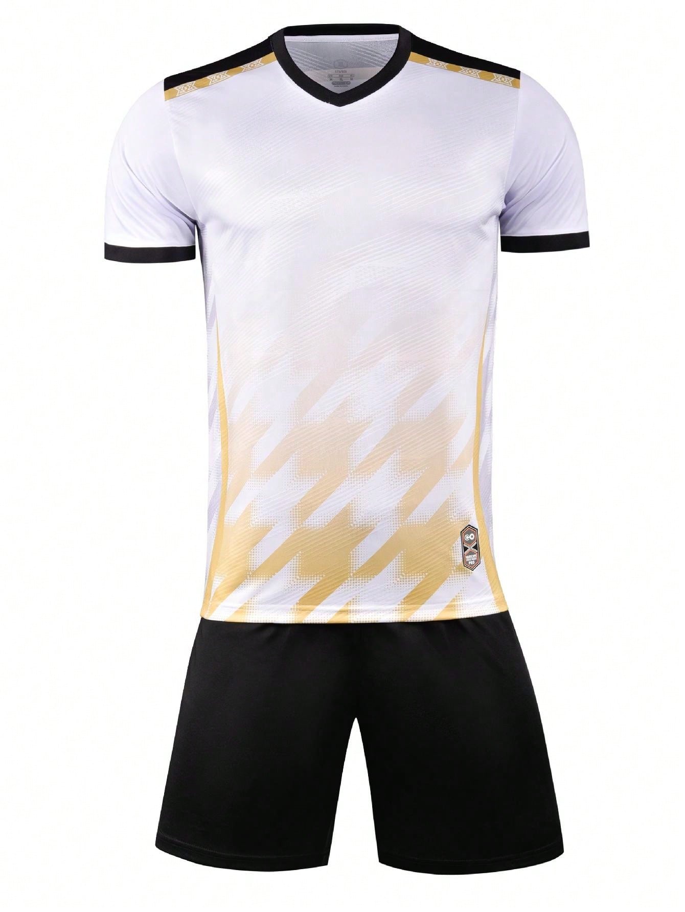 2pcs/Set Summer Soccer Training / Running Sports Outfit, Geometric Stripe Breathable Short Sleeve T-Shirt