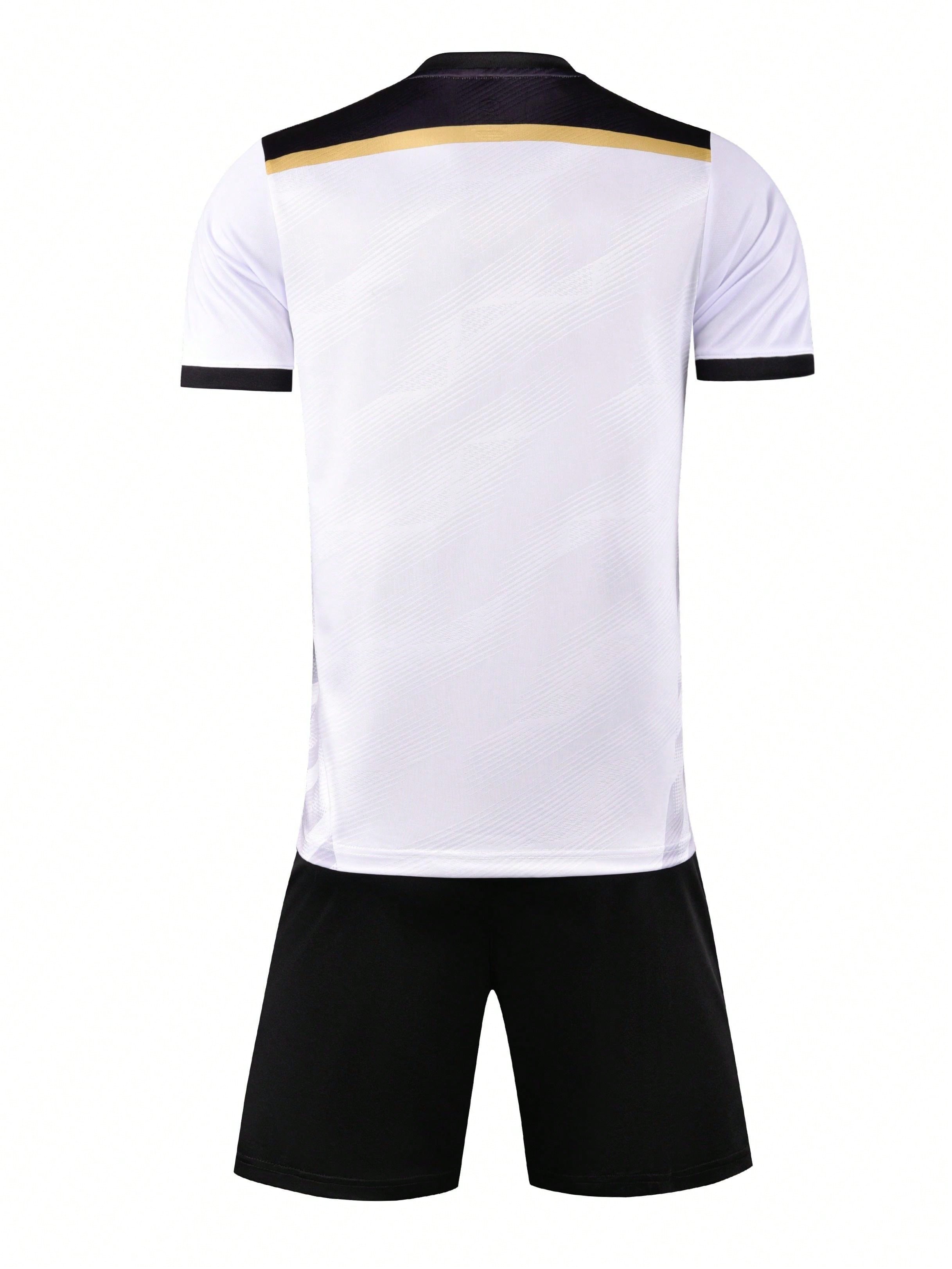 2pcs/Set Summer Soccer Training / Running Sports Outfit, Geometric Stripe Breathable Short Sleeve T-Shirt