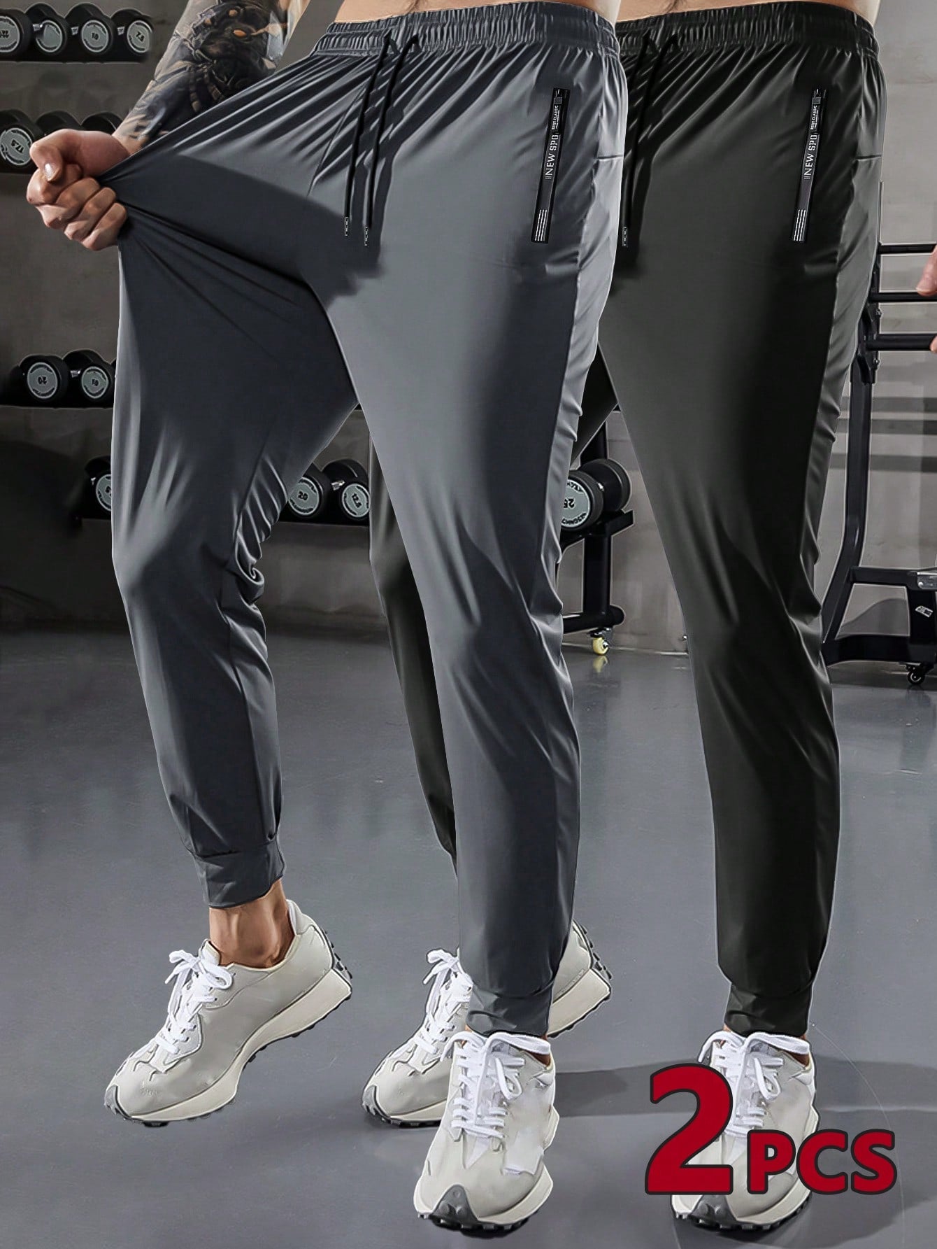 Hidkat 2pcs Boyfriend Style Men's Fashionable Loose Sports Pants, With Zippered Pockets, Ice Silk Stretchy Quick-Drying Long Trousers, Suitable For Hiking, Jogging, Cycling, Outdoor Fitness Exercise