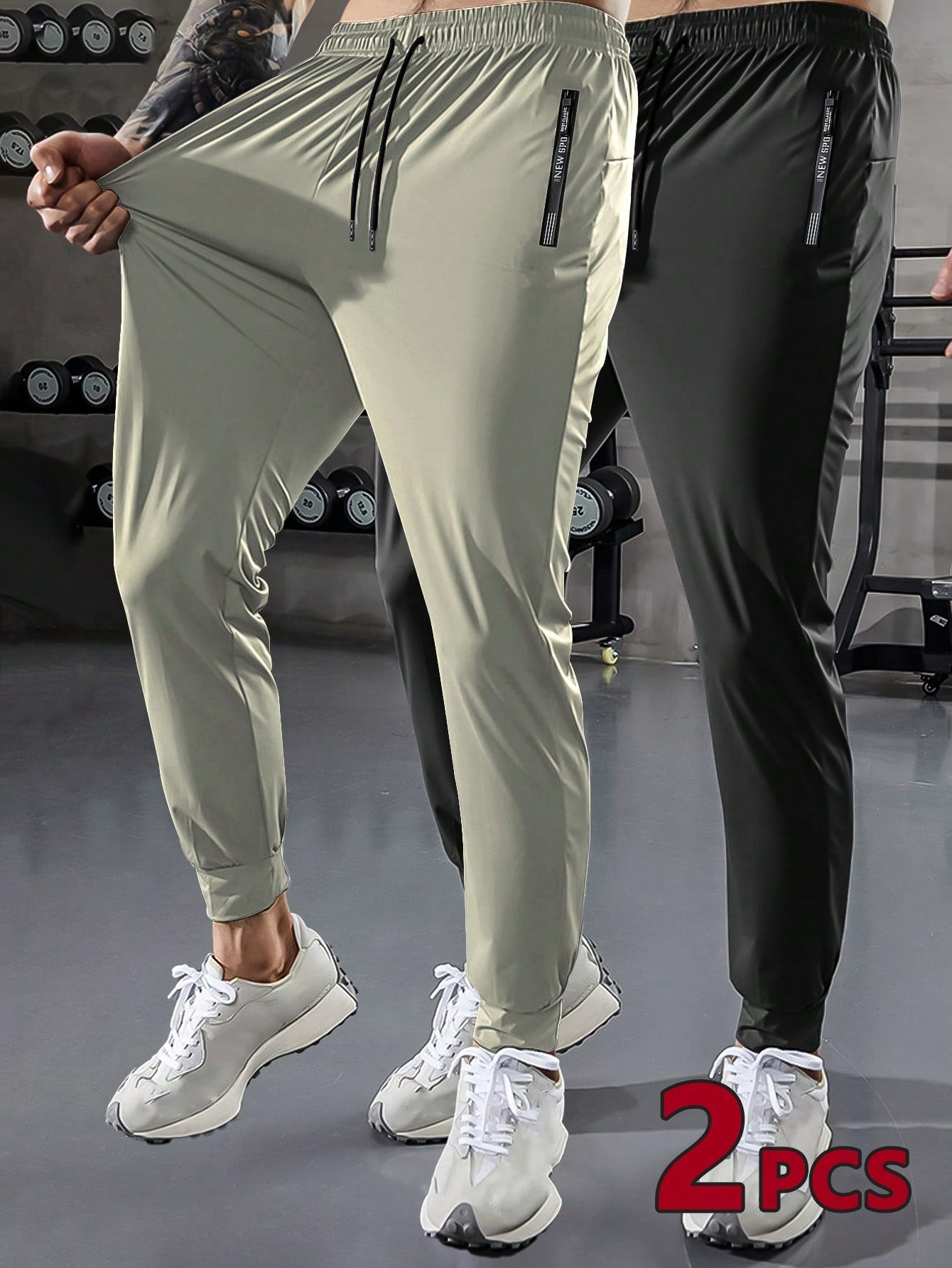 Hidkat 2pcs Boyfriend Style Men's Fashionable Loose Sports Pants, With Zippered Pockets, Ice Silk Stretchy Quick-Drying Long Trousers, Suitable For Hiking, Jogging, Cycling, Outdoor Fitness Exercise