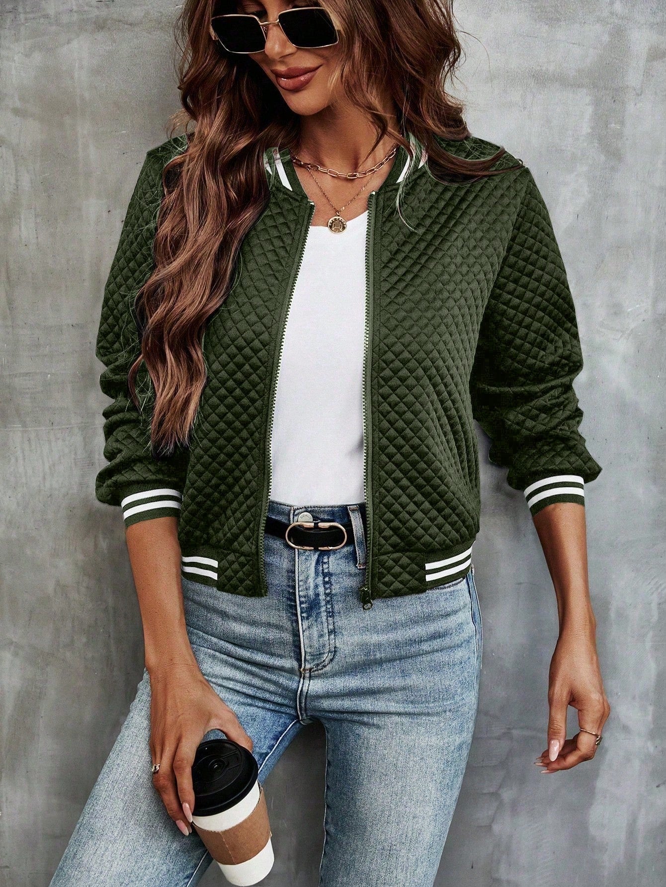 LUNE Striped Trim Zip Up Bomber Jacket