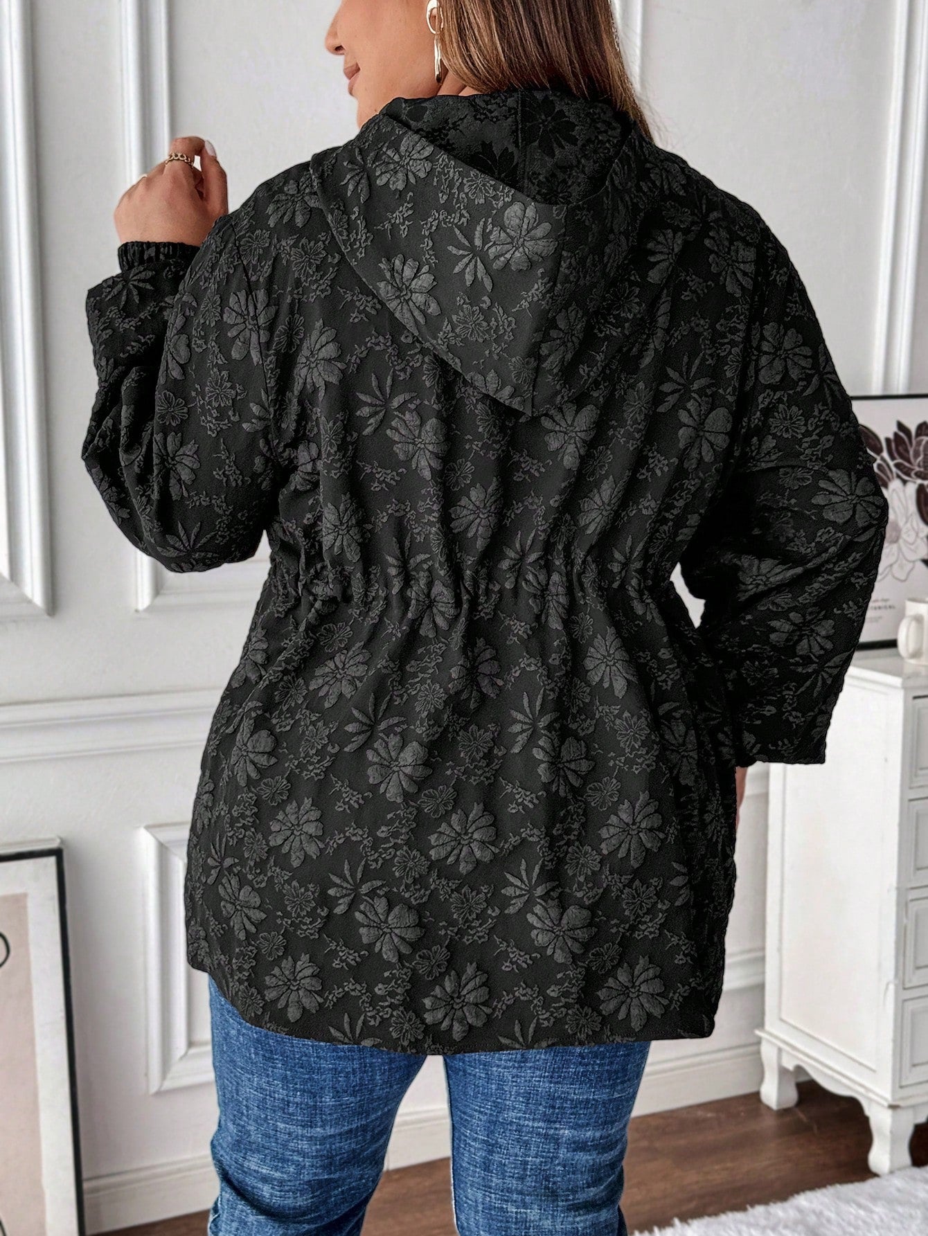 LUNE Plus Size Front Zip Up Long Sleeve Hooded Jacquard Windbreaker Coat, Casual Daily Wear