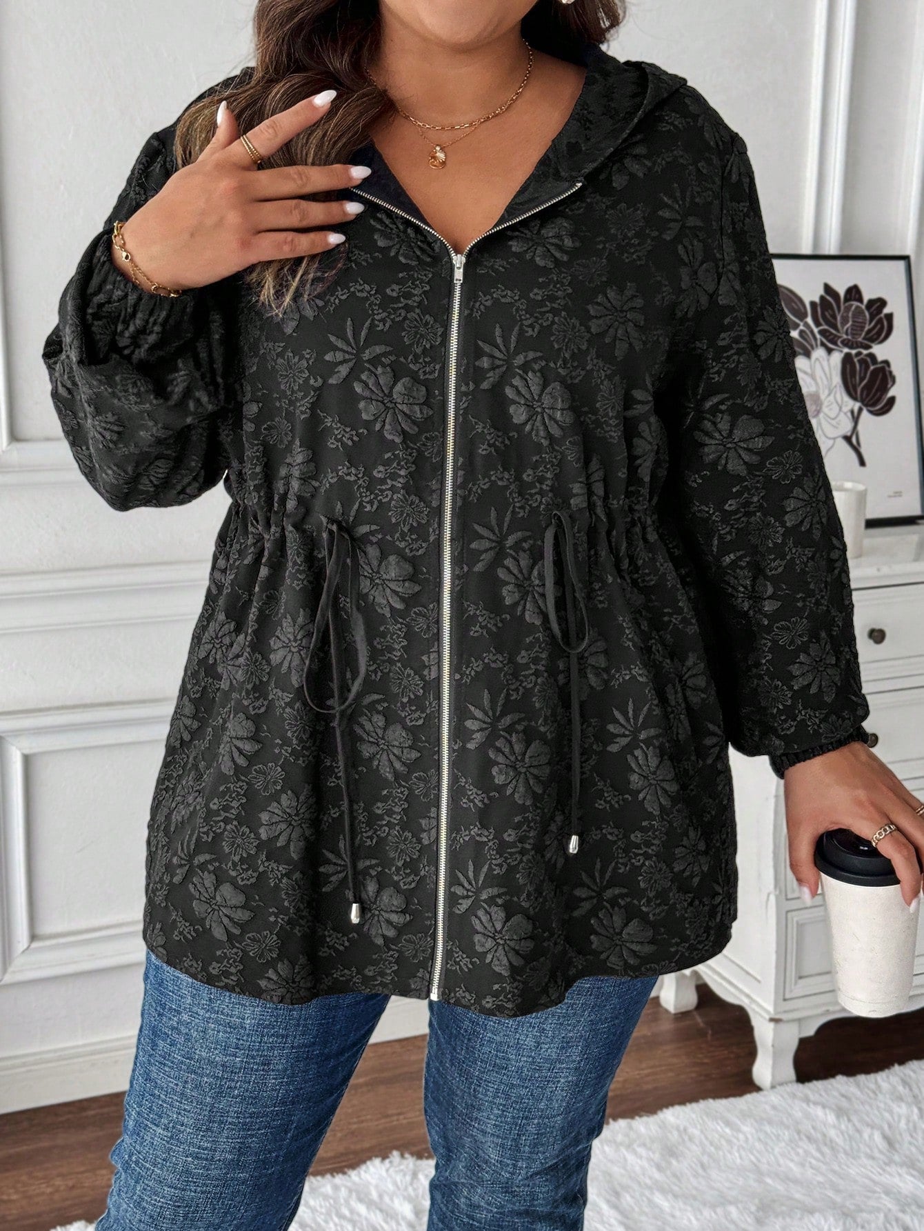 LUNE Plus Size Front Zip Up Long Sleeve Hooded Jacquard Windbreaker Coat, Casual Daily Wear