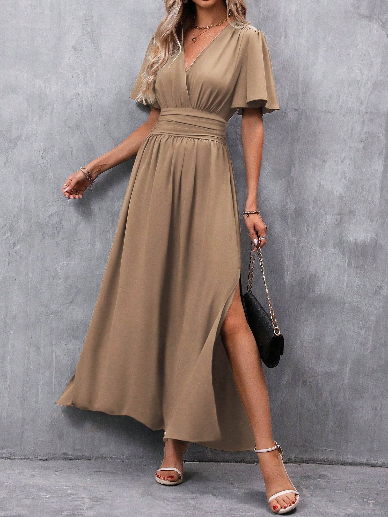 Clasi Butterfly Sleeve Ruched Waist Split Thigh Dress,Ladies Casual Ruched,Shirred,Split Thigh,Wrap Short Sleeve V Neck Regular Fit Long Dark Green Flounce Sleeve Plain A Line Women Long Dresses,Spring/Summer,Casual Daily Wear Maxi Women Outfit