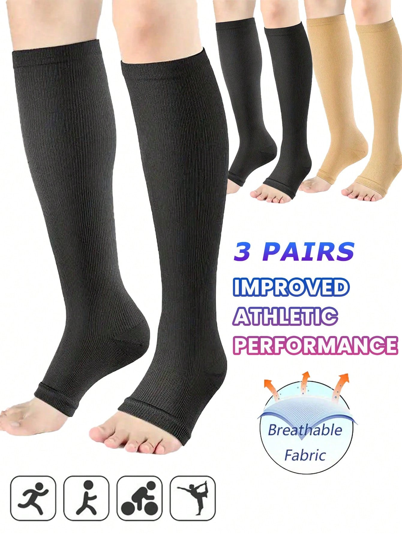 3 Pairs Open Toe Compression Socks Stockings Women Men Best Rated Support Non Slip Travel Long Flights Medias De Compresión Para Mujer Christmas Gift Friend Mother Dad Madrina Work Athletic Gym Sport Running Hiking Cycling