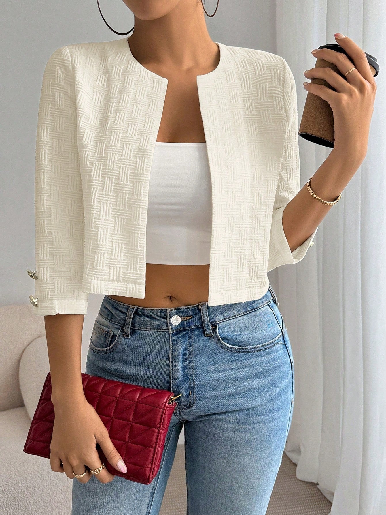 Essnce Women's Casual Fashion Old Money Style White Solid Open Front Crop Three-Quarter Sleeves Jacket Work Women Jacket Teacher Outfits Teacher Jacket Fall Women Clothes Business Women Clothes