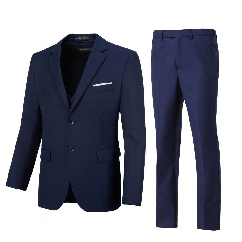 Men's 2 Piece Slim Fit Suit Set, Two Button Solid Jacket Pants With Suits For Men