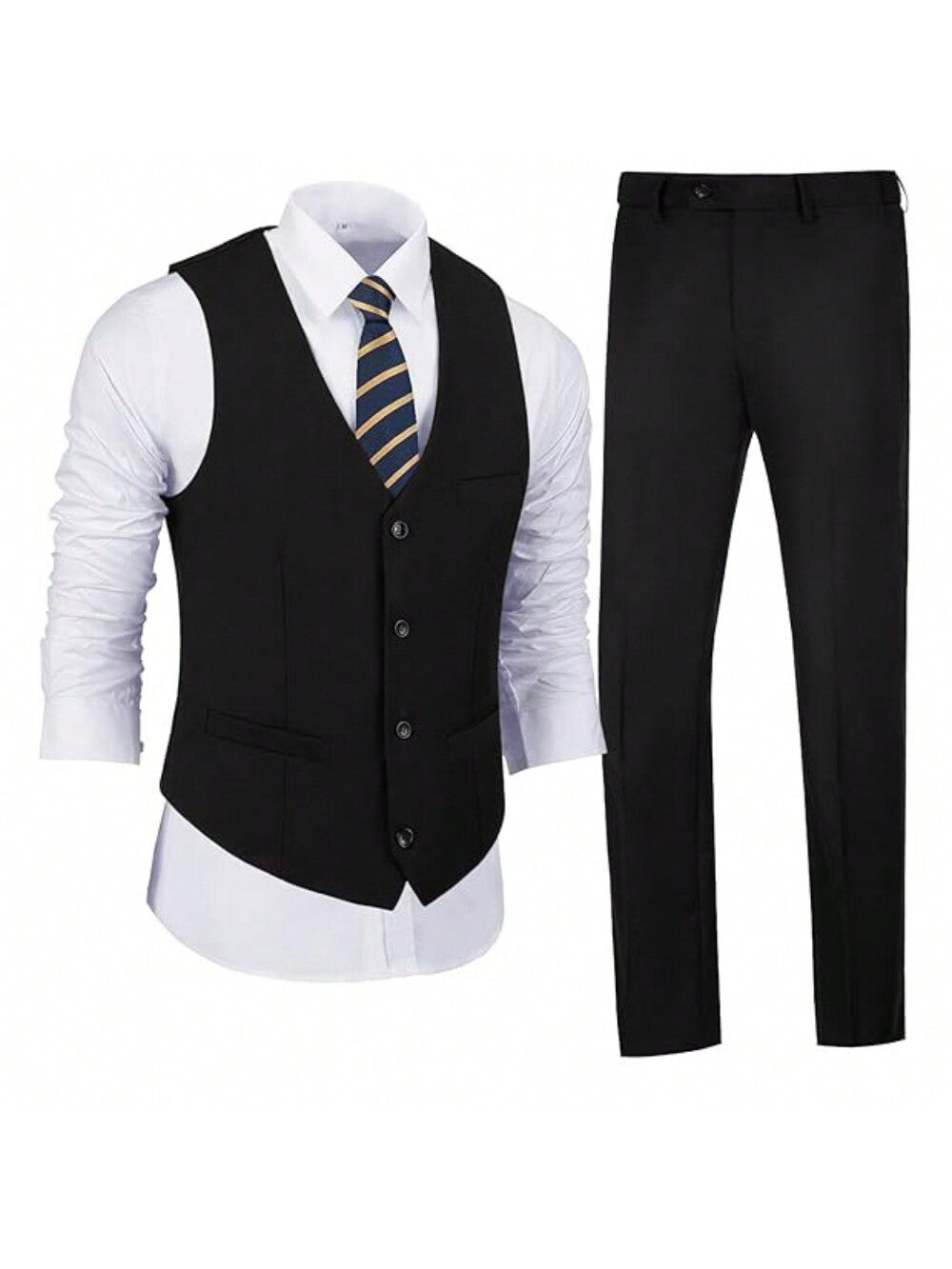 Men's 2 Piece Slim Fit Suit Set, Solid Vest And Pants Suit For Men