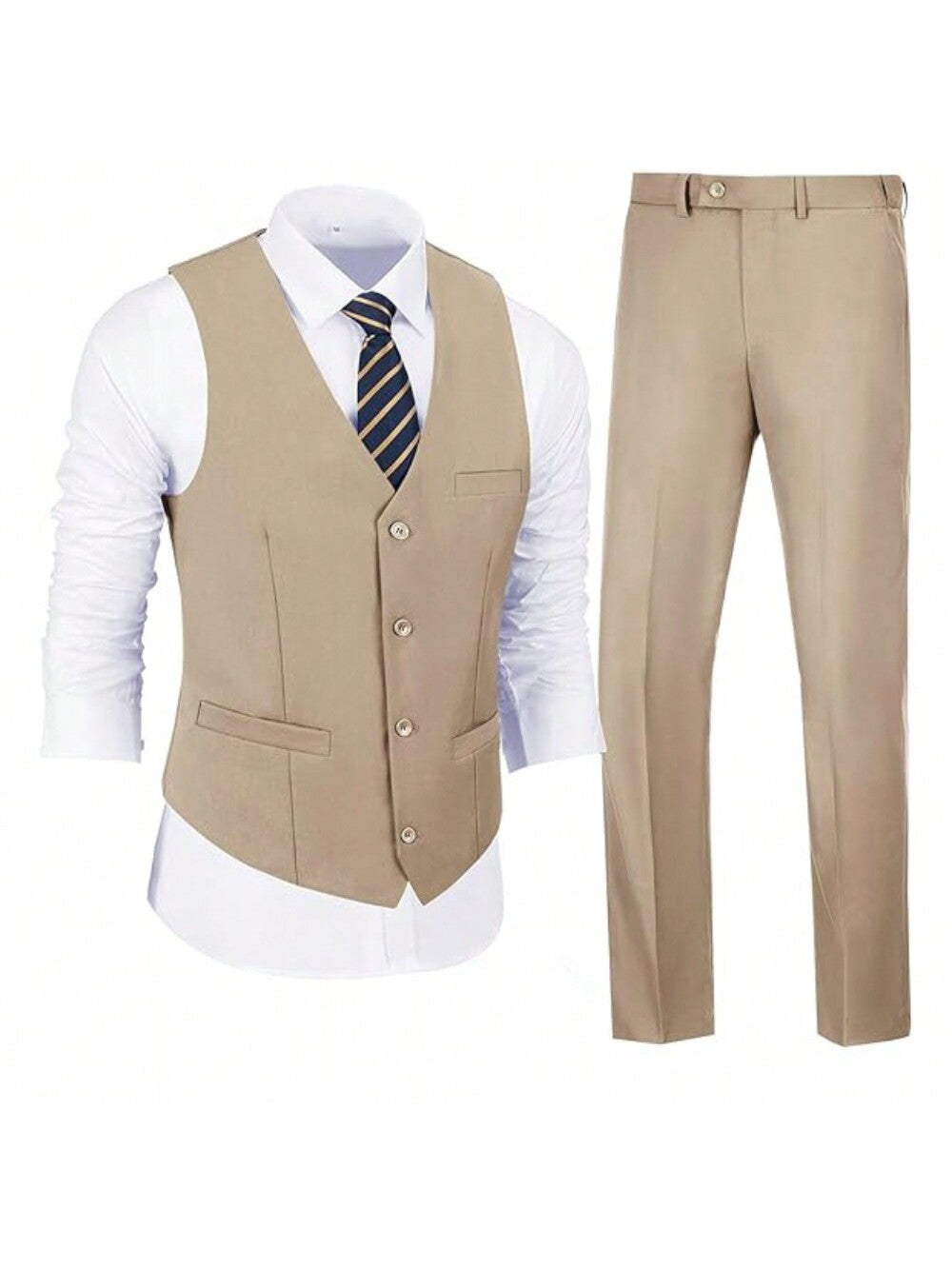 Men's 2 Piece Slim Fit Suit Set, Solid Vest And Pants Suit For Men