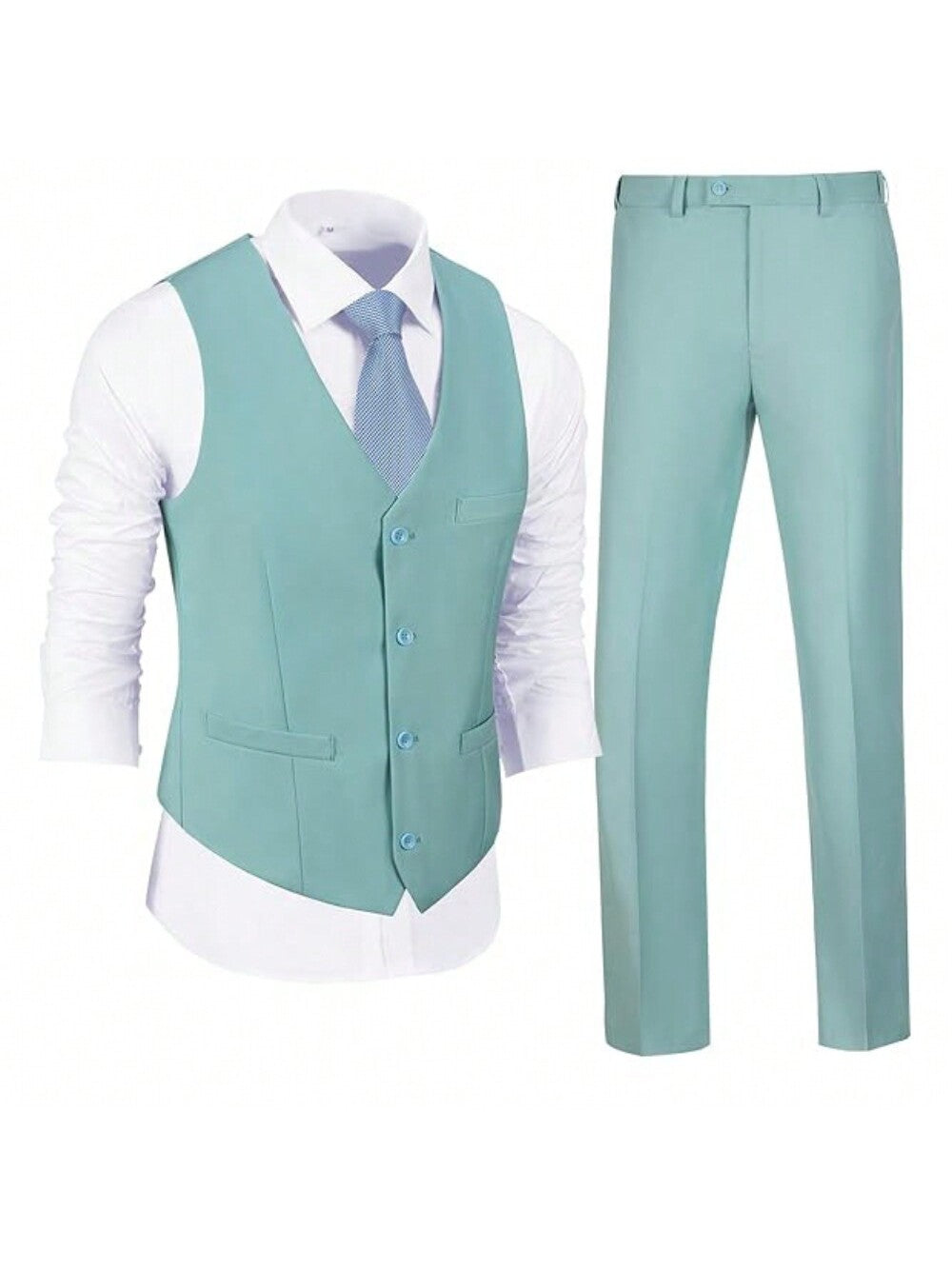 Men's 2 Piece Slim Fit Suit Set, Solid Vest And Pants Suit For Men