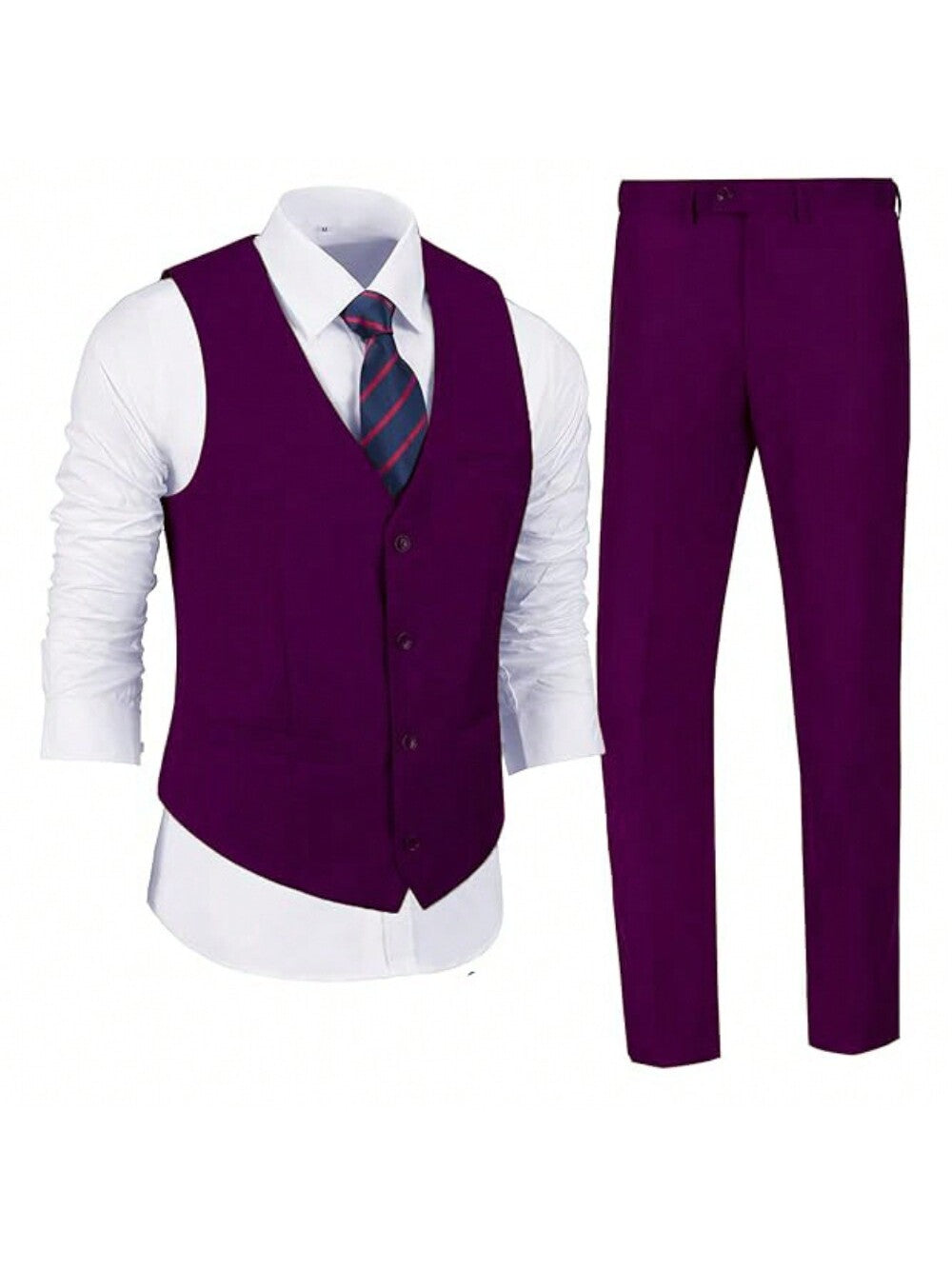 Men's 2 Piece Slim Fit Suit Set, Solid Vest And Pants Suit For Men