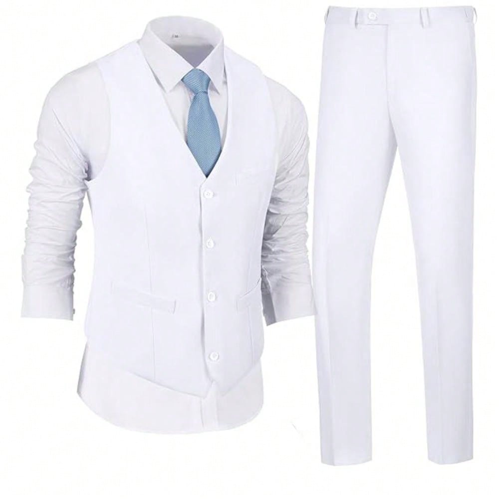 Men's 2 Piece Slim Fit Suit Set, Solid Vest And Pants Suit For Men