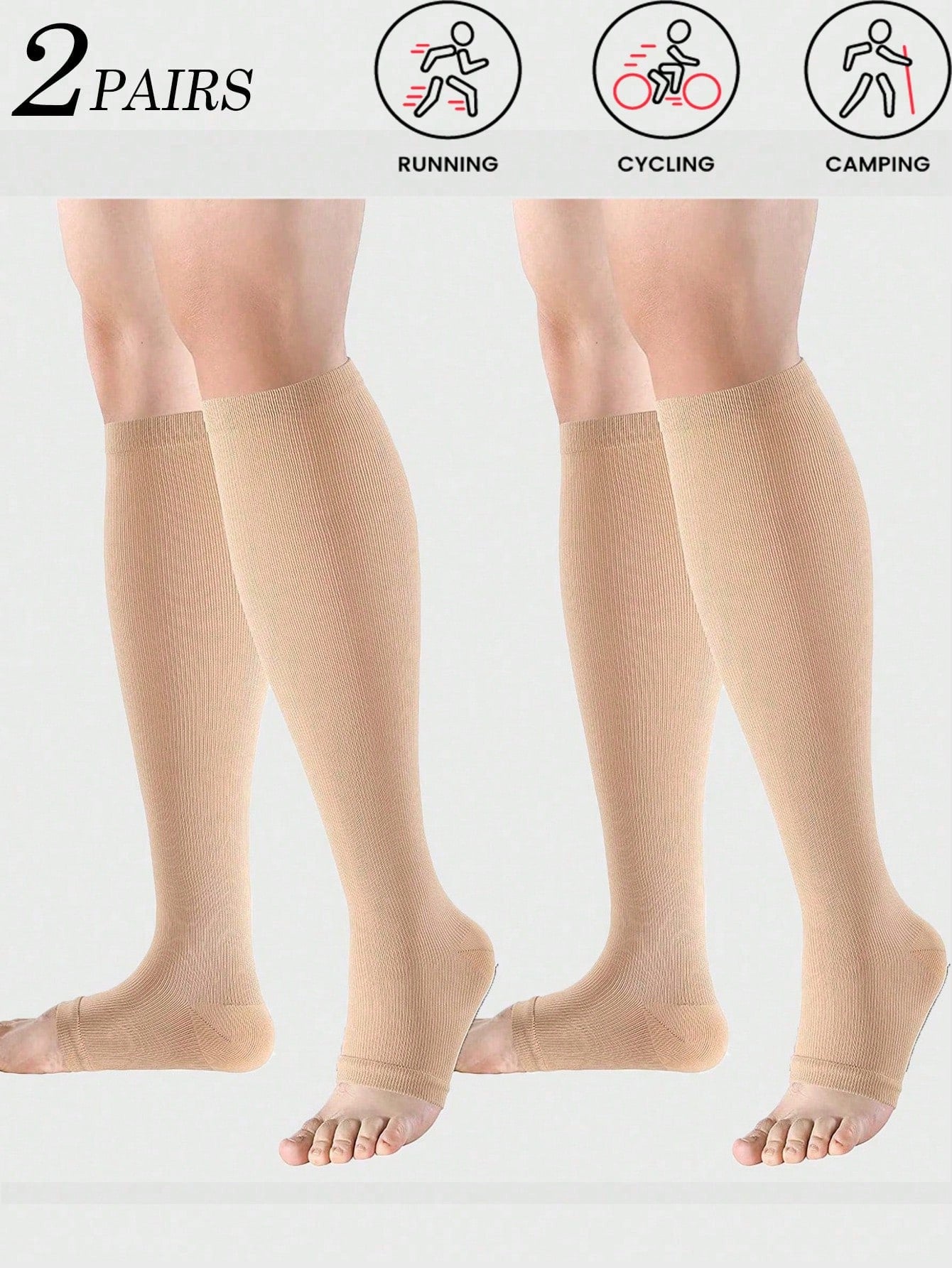 Sports Outdoor 2 Pairs Skin-Colored Open-Toe Compression Socks, Suitable For Running, Cycling, Standing All Day