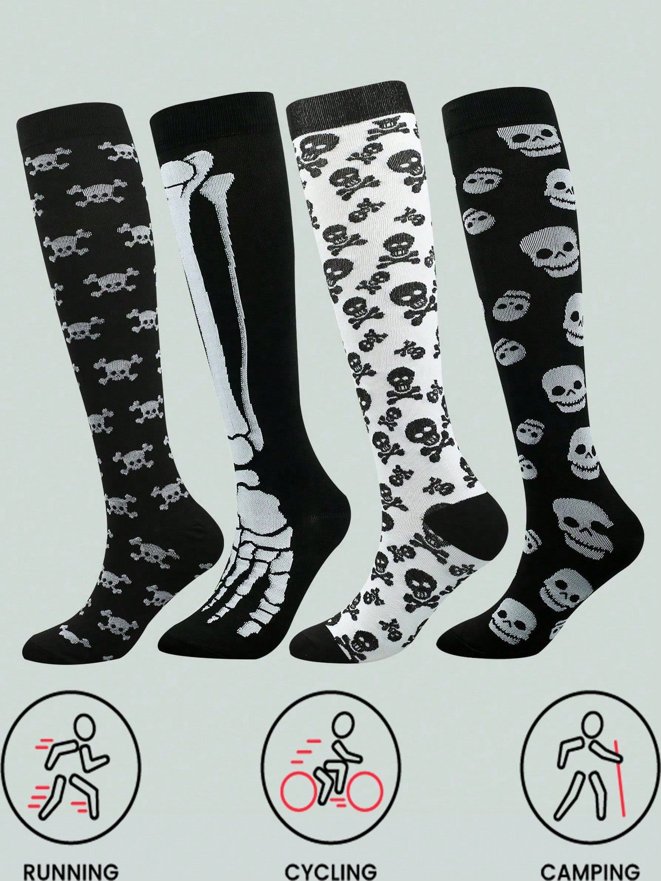Sports Outdoor 4 Pairs Skull Printed Professional Outdoor Running Sports Long Compression Socks, Suitable For Long Standing Population