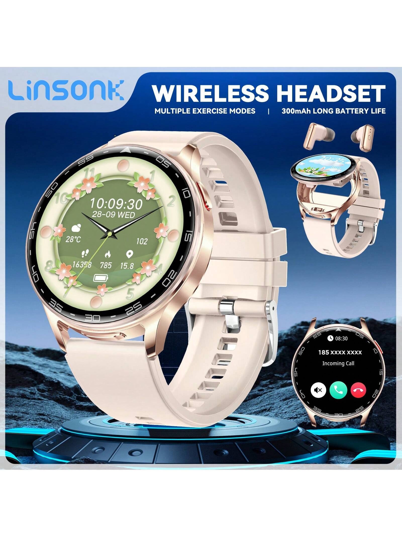 LinsonK 1pc Smart Watches For Women Men With Earbuds Bluetooth Call 1.39