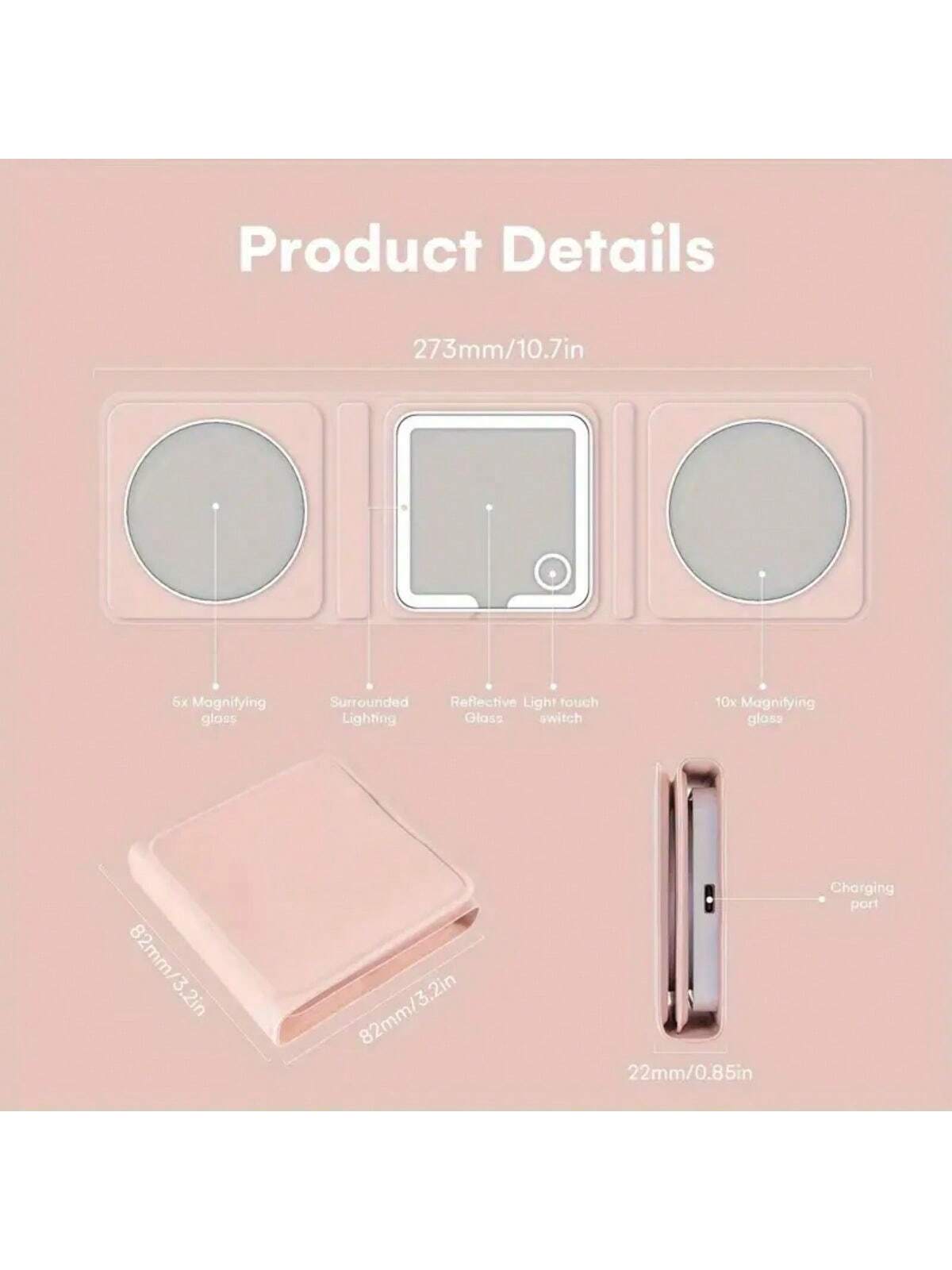 ZeeHoo Portable LED Makeup Mirror - Rechargeable Travel Mirror With 1x, 5x, 10x Magnification For On-The-Go Beauty, Adjustable Brightness, Compact And Lightweight Design For Easy Carrying And Touch-Up, Perfect For Home, Office, And Travel Use