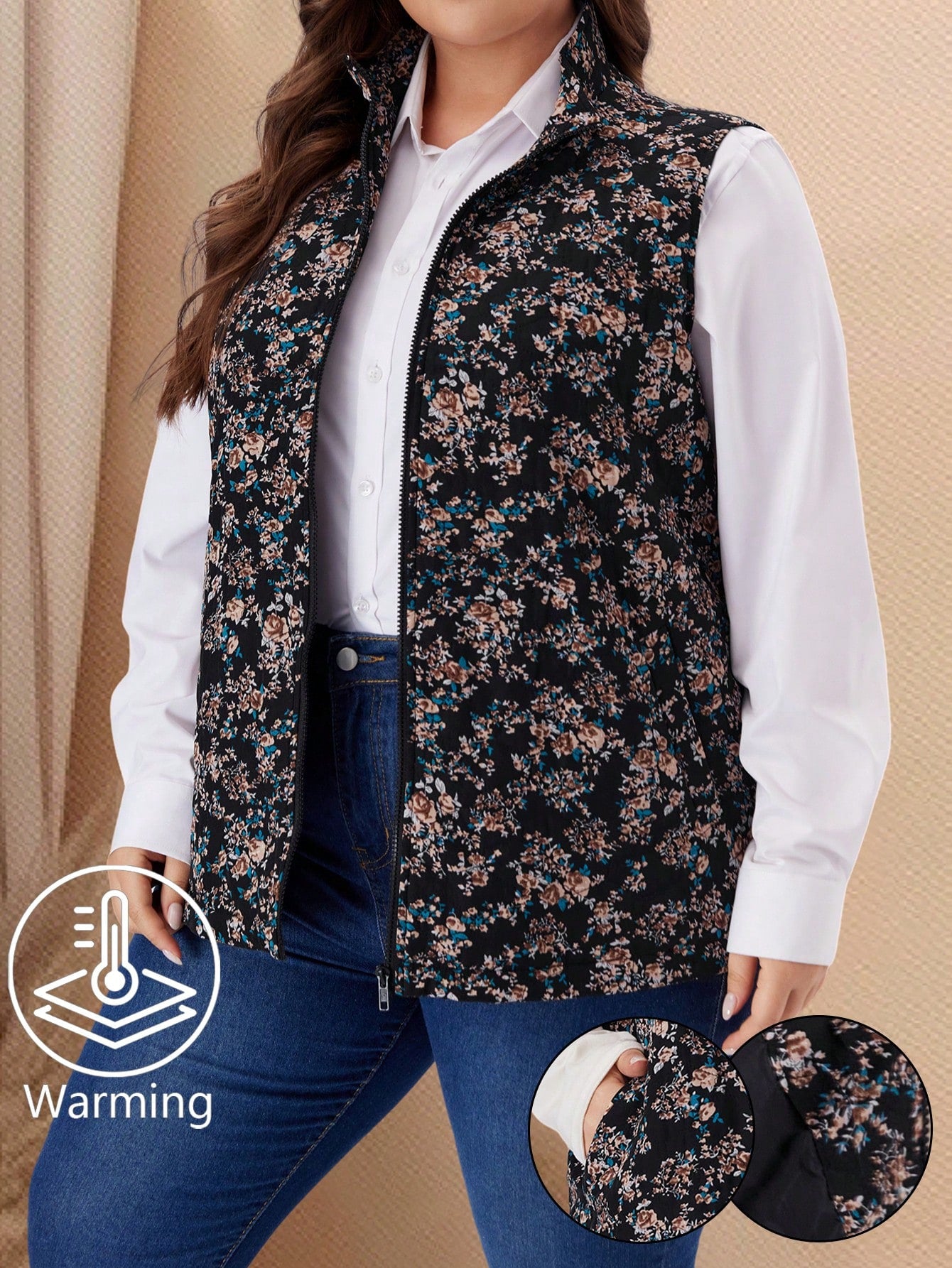 EMERY ROSE Plus Size Women Floral Print Sleeveless Padded Coat Winter Women Coat