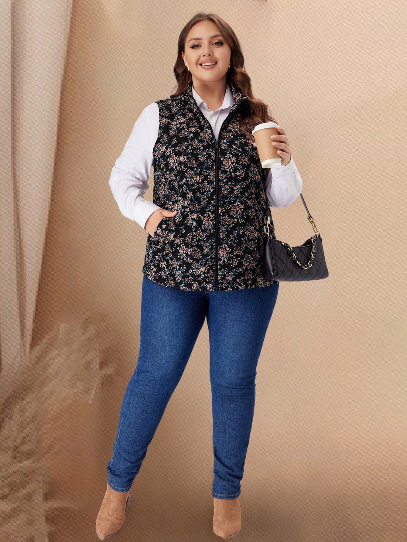 EMERY ROSE Plus Size Women Floral Print Sleeveless Padded Coat Winter Women Coat