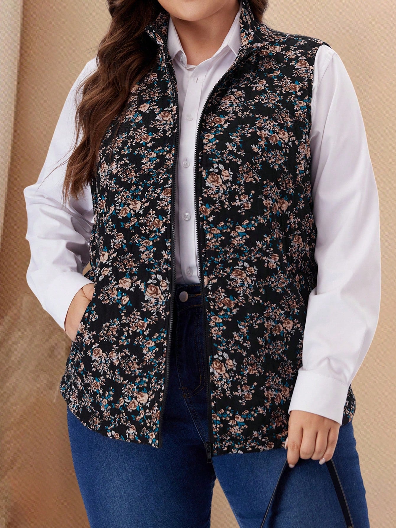 EMERY ROSE Plus Size Women Floral Print Sleeveless Padded Coat Winter Women Coat