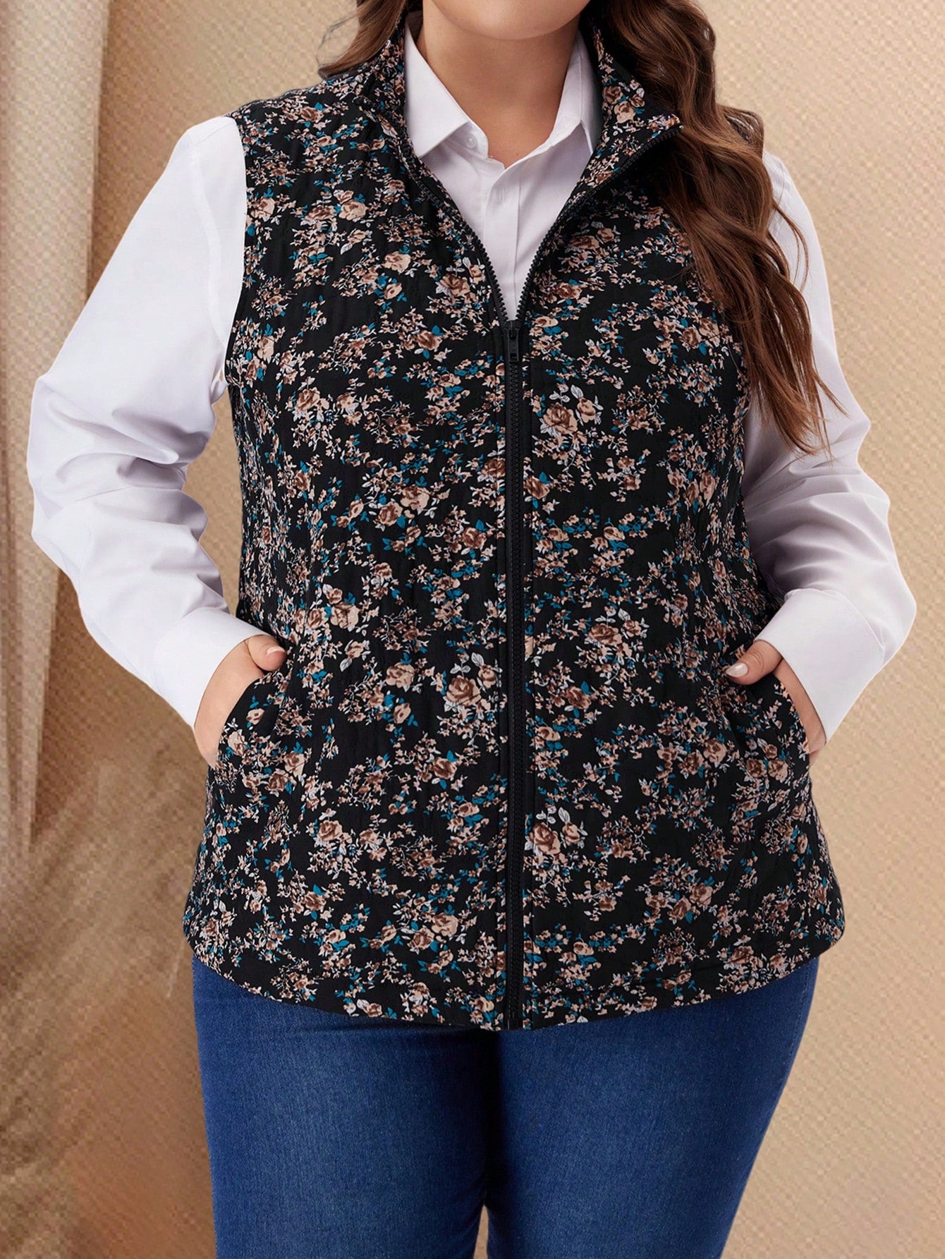 EMERY ROSE Plus Size Women Floral Print Sleeveless Padded Coat Winter Women Coat