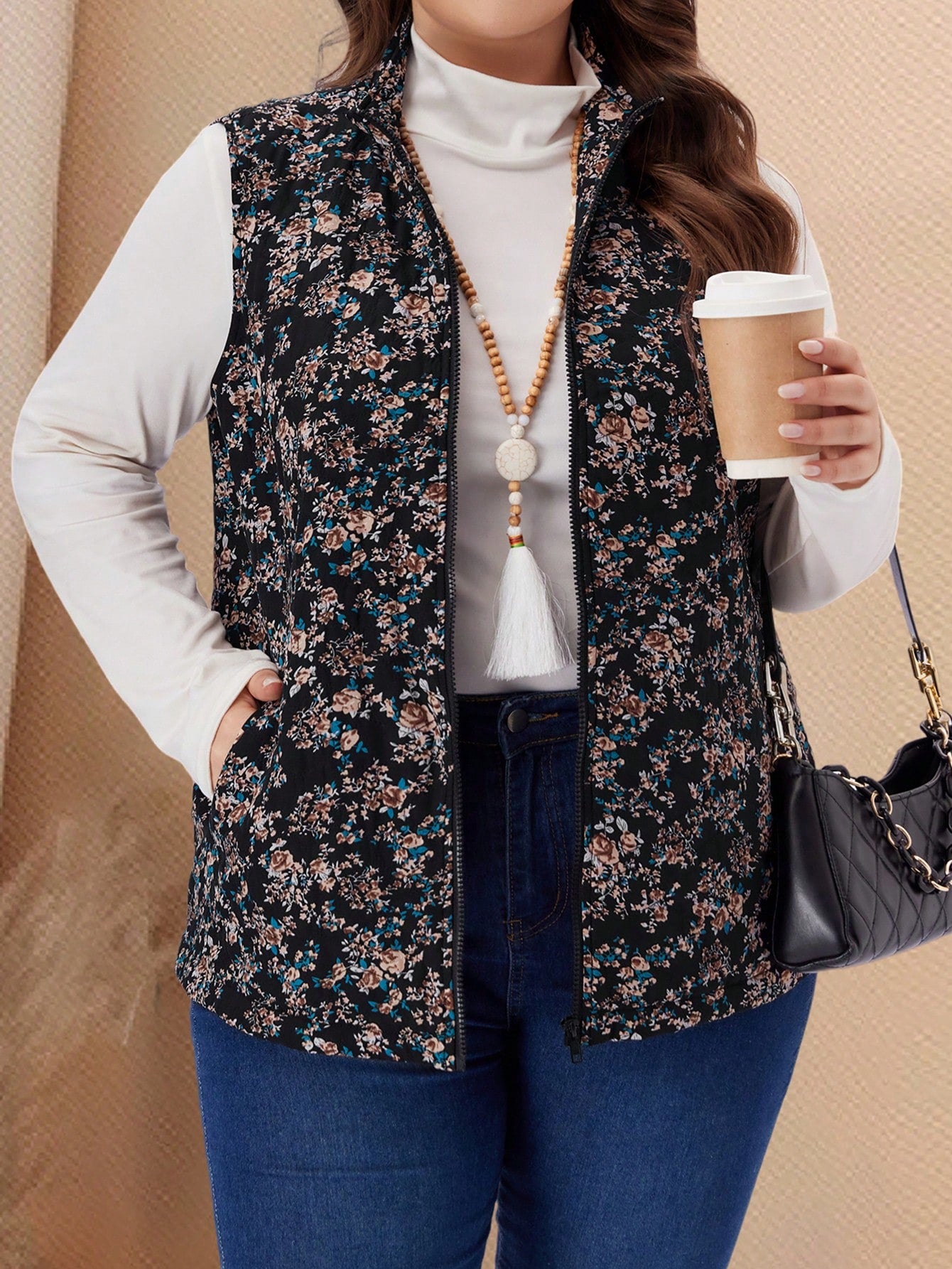 EMERY ROSE Plus Size Women Floral Print Sleeveless Padded Coat Winter Women Coat