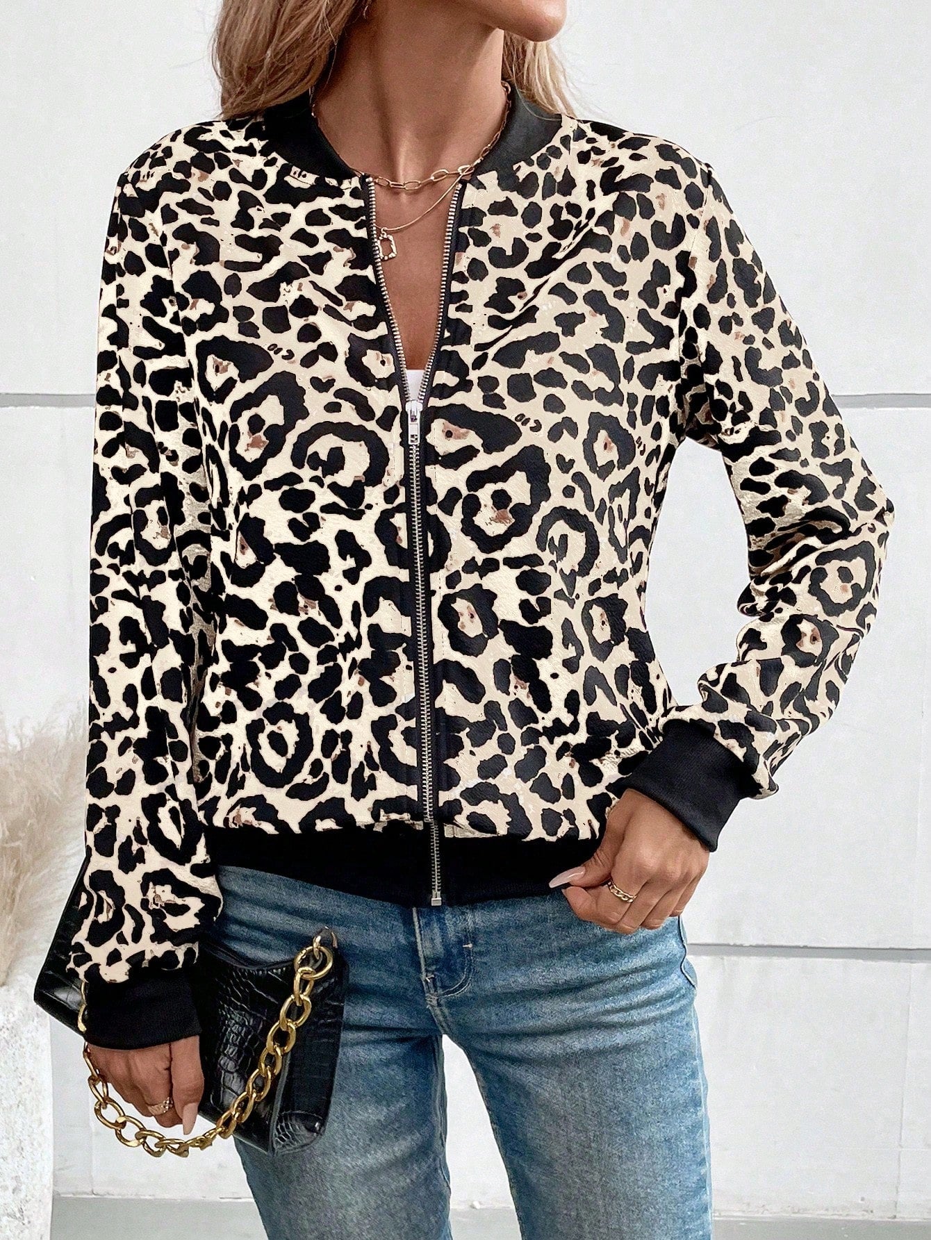 LUNE Leopard Print Color Block Long Sleeve Commuter Casual Jacket