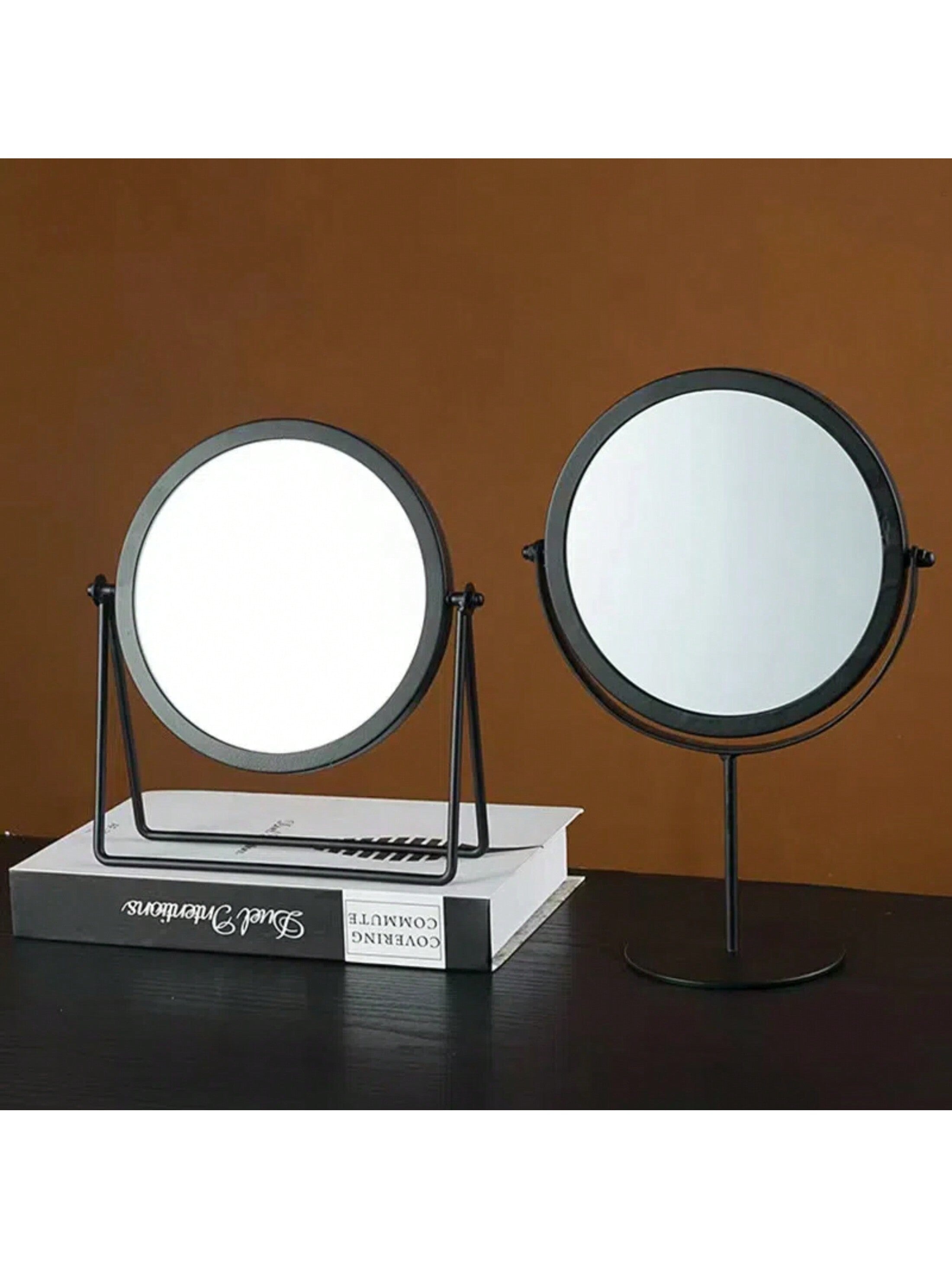 1pc Nordic Style Desktop Iron Vanity Mirror With Round Golden Frame, Modern