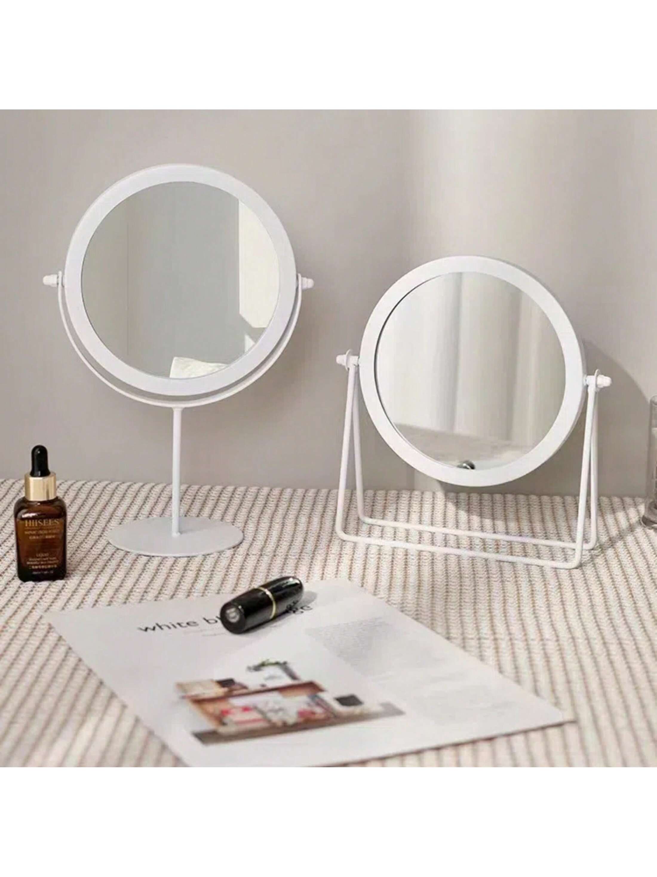 1pc Nordic Style Desktop Iron Vanity Mirror With Round Golden Frame, Modern