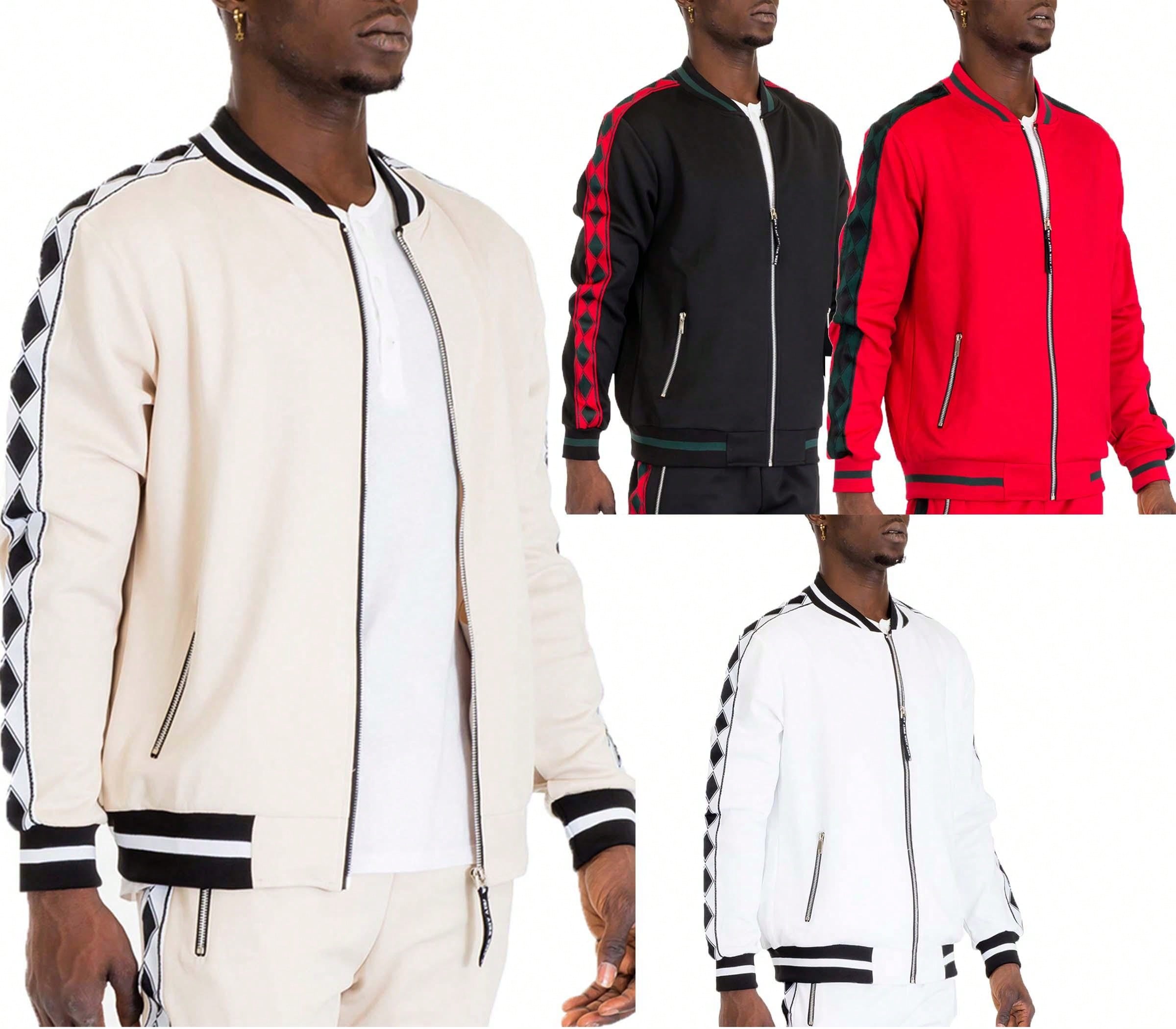 Mens Track Jacket Side Stripe Diamond Tape Zip Up Activewear Jacket