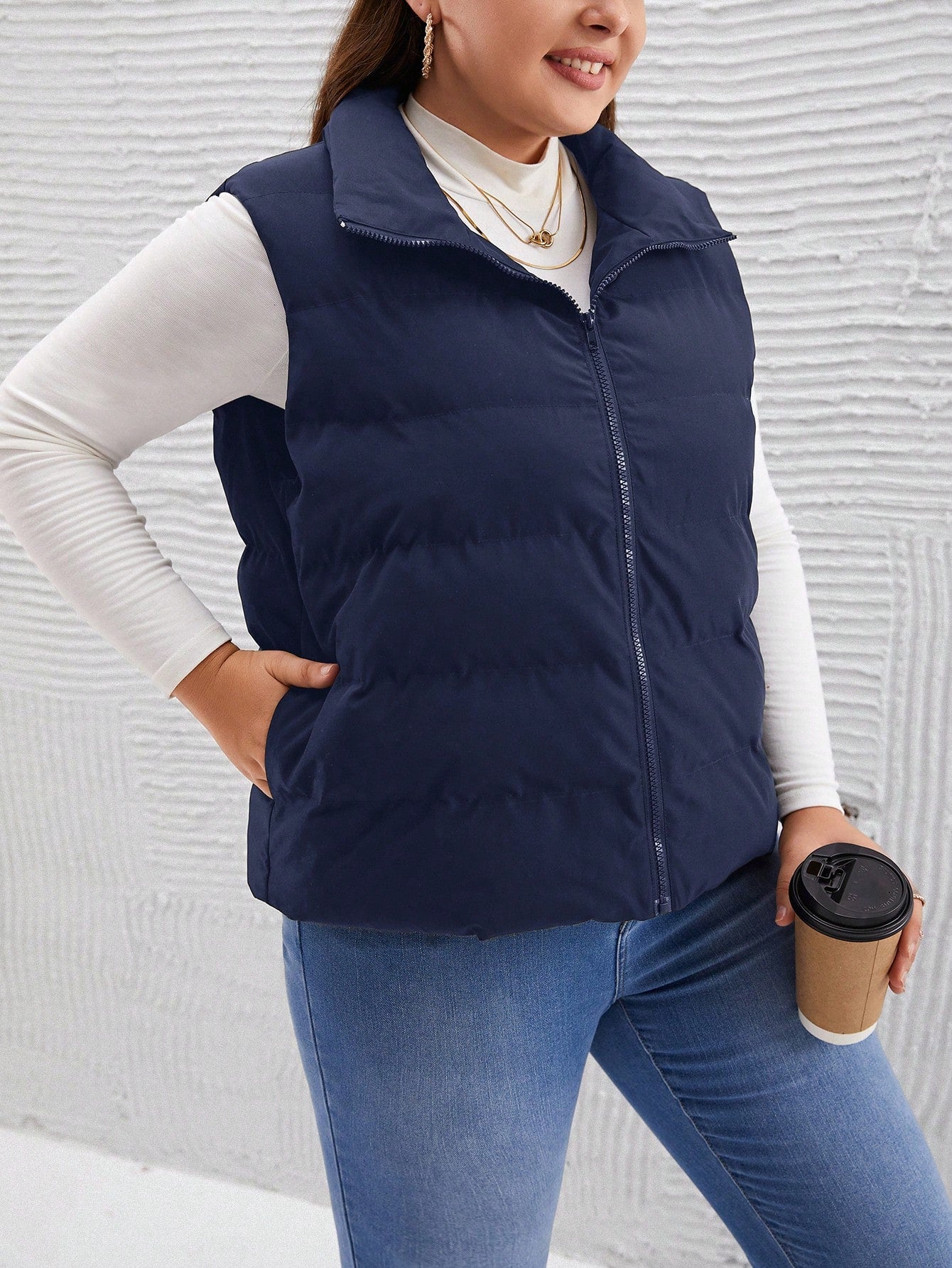 EMERY ROSE Plus Size Women Winter Solid Color Casual Padded Vest Thickened Down Jacket