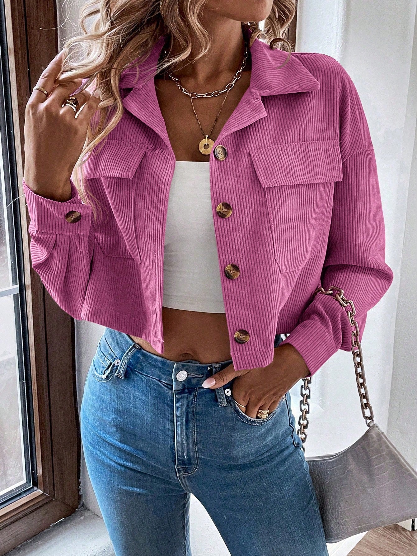 Relaxiva Flap Pocket Drop Shoulder Crop Corduroy Jacket