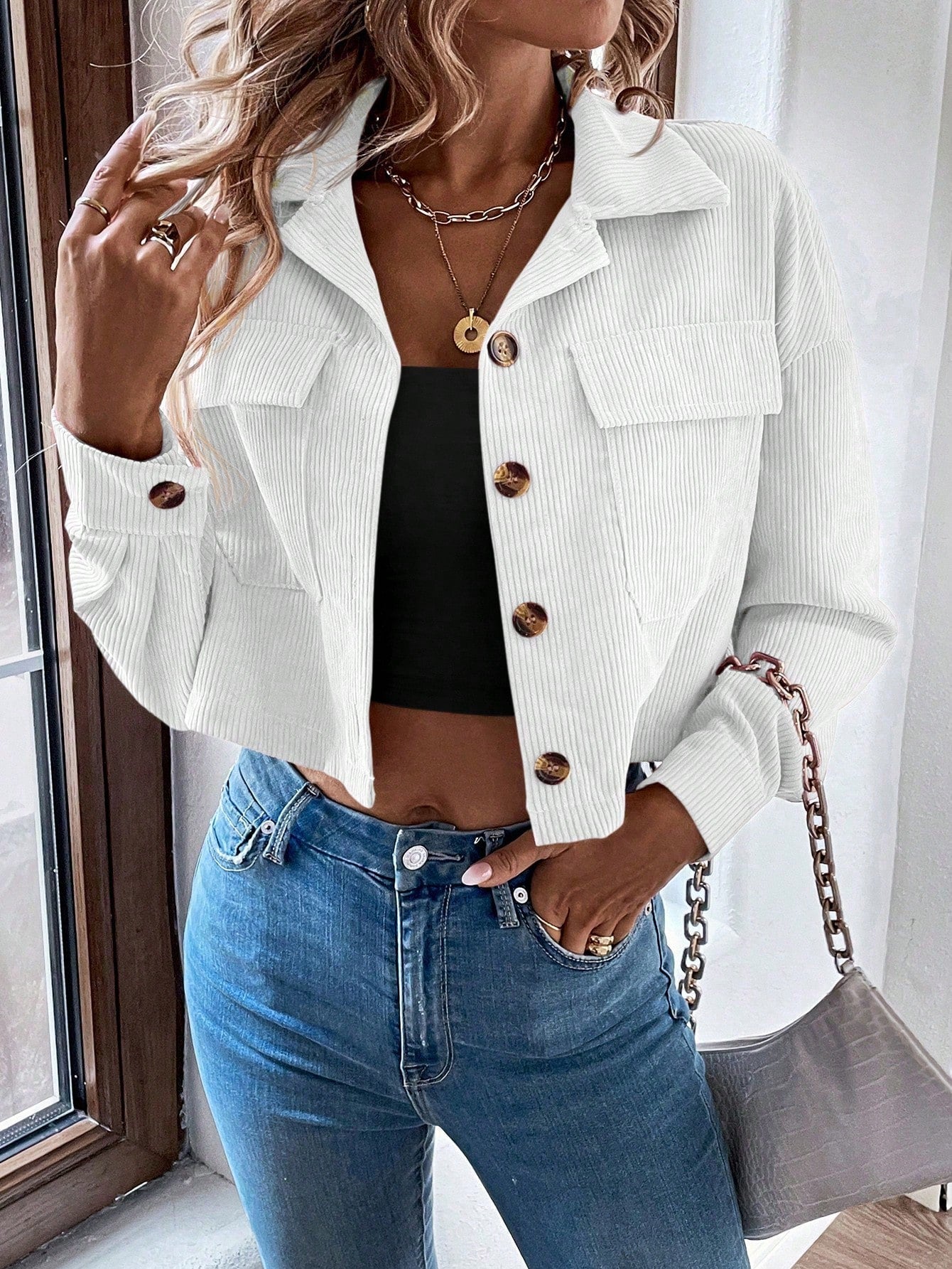 Relaxiva Flap Pocket Drop Shoulder Crop Corduroy Jacket