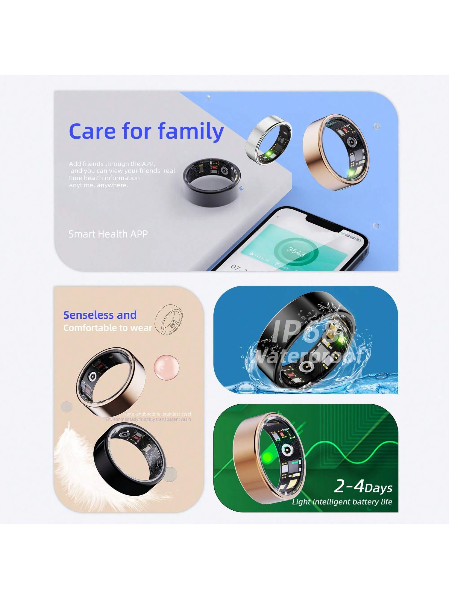 FERTO Smart Ring Fitness Tracker, Steps, Distance, Calories, Sleep Tracking, Exercise Monitoring, Compatible With IPhone Android, IP68 Waterproof, Smart Jewelry, Accessories, Gift For Women Men