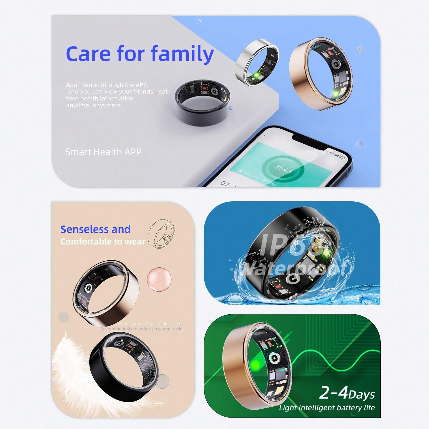 FERTO Smart Ring Fitness Tracker, Steps, Distance, Calories, Sleep Tracking, Exercise Monitoring, Compatible With IPhone Android, IP68 Waterproof, Smart Jewelry, Accessories, Gift For Women Men