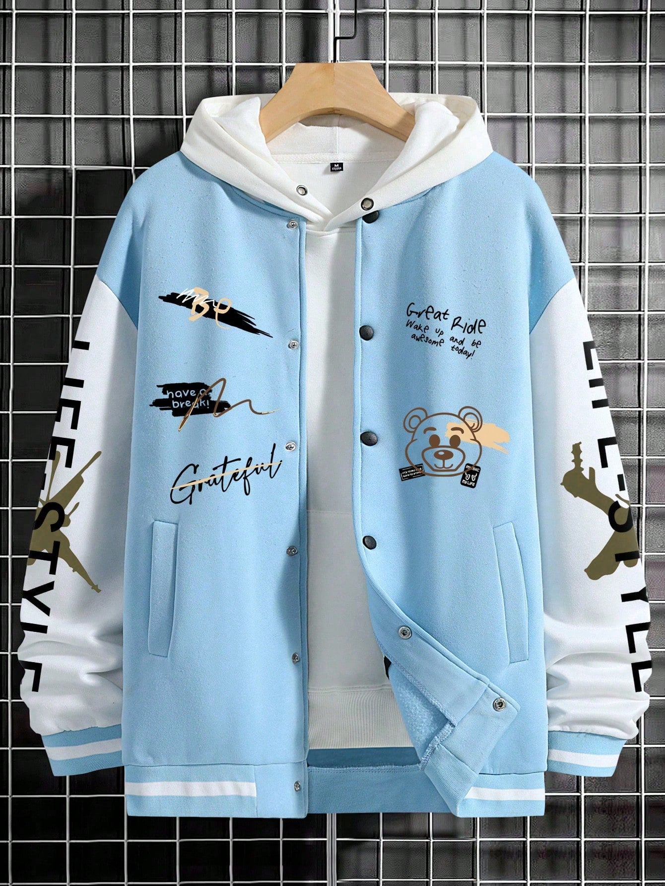 Manfinity EMRG Men's Loose Slogans Cartoon Bear Print Long Sleeve Casual Baseball Jacket, Autumn