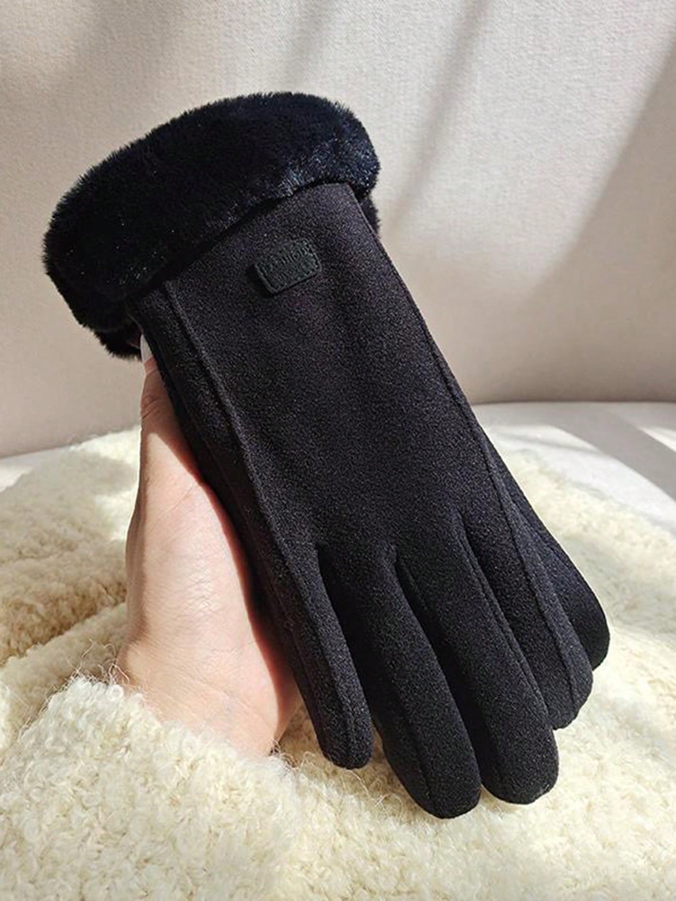 Wool Patchwork Fluffy Five-Finger Warm Thick Minimalist Gloves