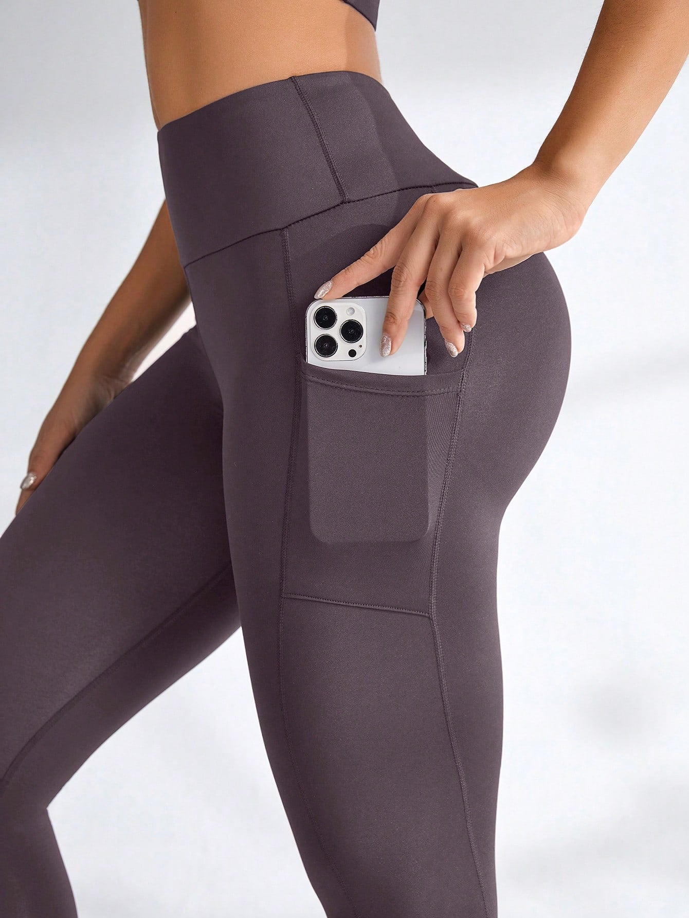 Plain High Waist Minimalist Pocket Sports Leggings, Casual Daily Wear