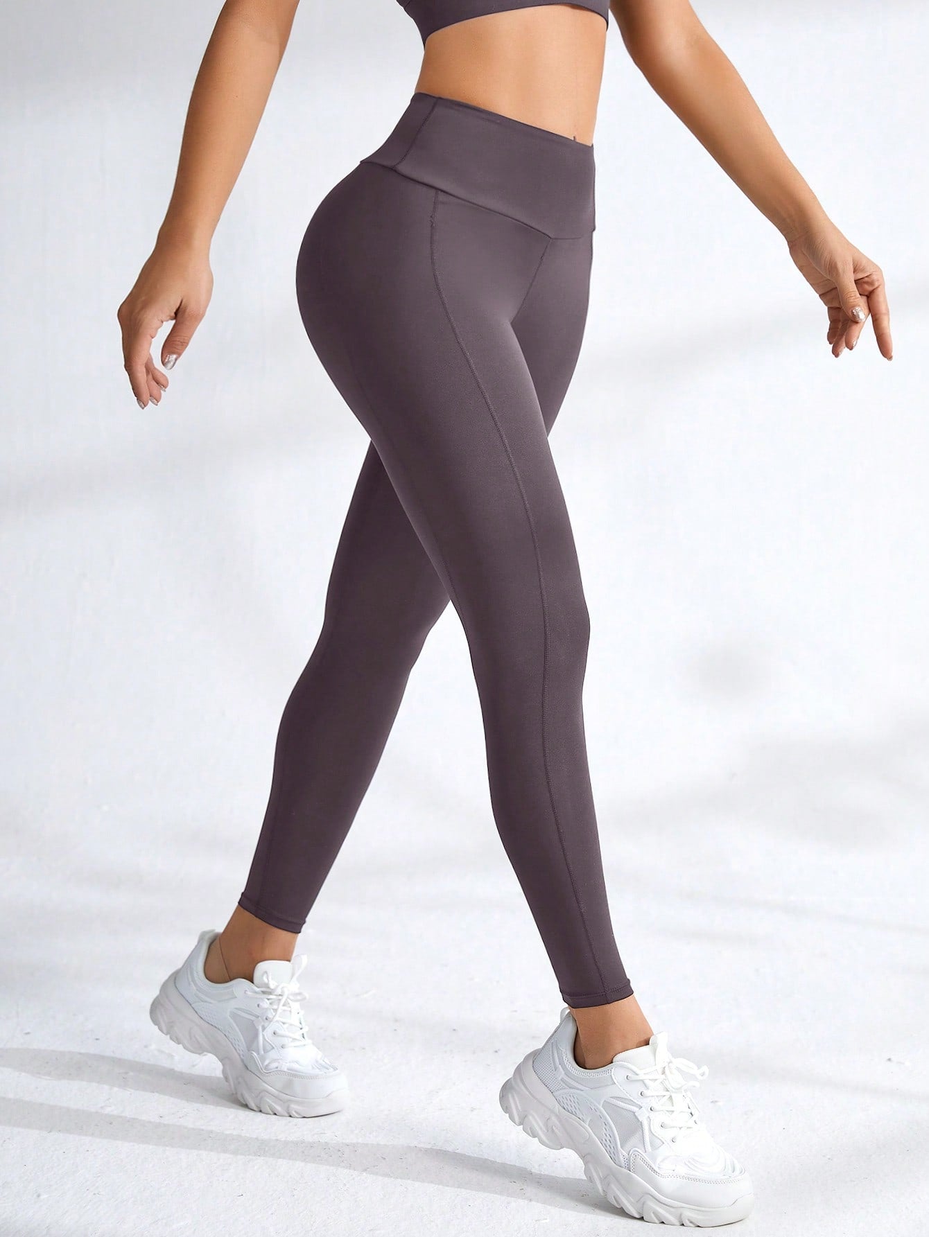 Plain High Waist Minimalist Pocket Sports Leggings, Casual Daily Wear