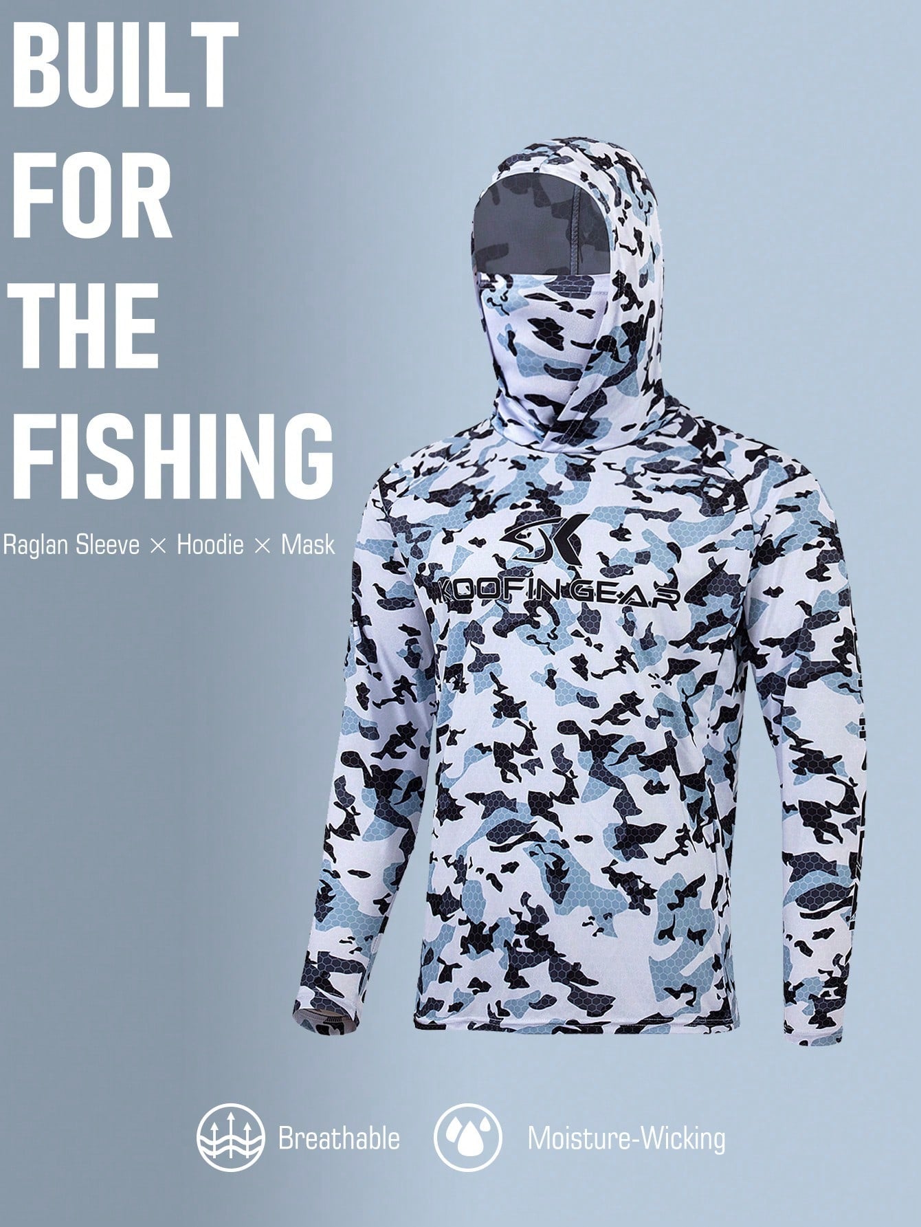 Boyfriend Style Men's High Performance Blue Camouflage Hoodie Fishing Shirt With Mask Long Sleeve Fishing Wear Uv Protection Quick Dry Jersey Clothes Lightweight Breathable Fabric