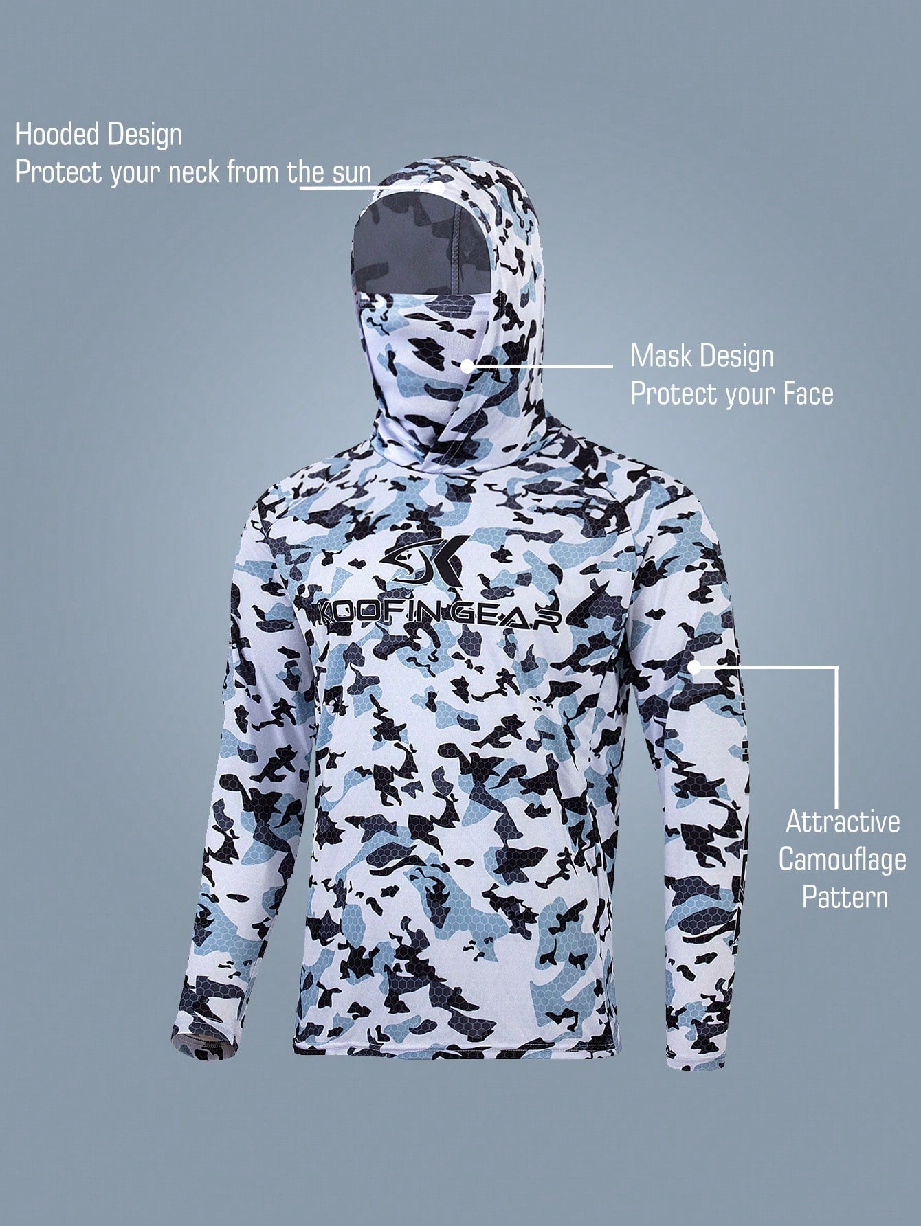 Boyfriend Style Men's High Performance Blue Camouflage Hoodie Fishing Shirt With Mask Long Sleeve Fishing Wear Uv Protection Quick Dry Jersey Clothes Lightweight Breathable Fabric