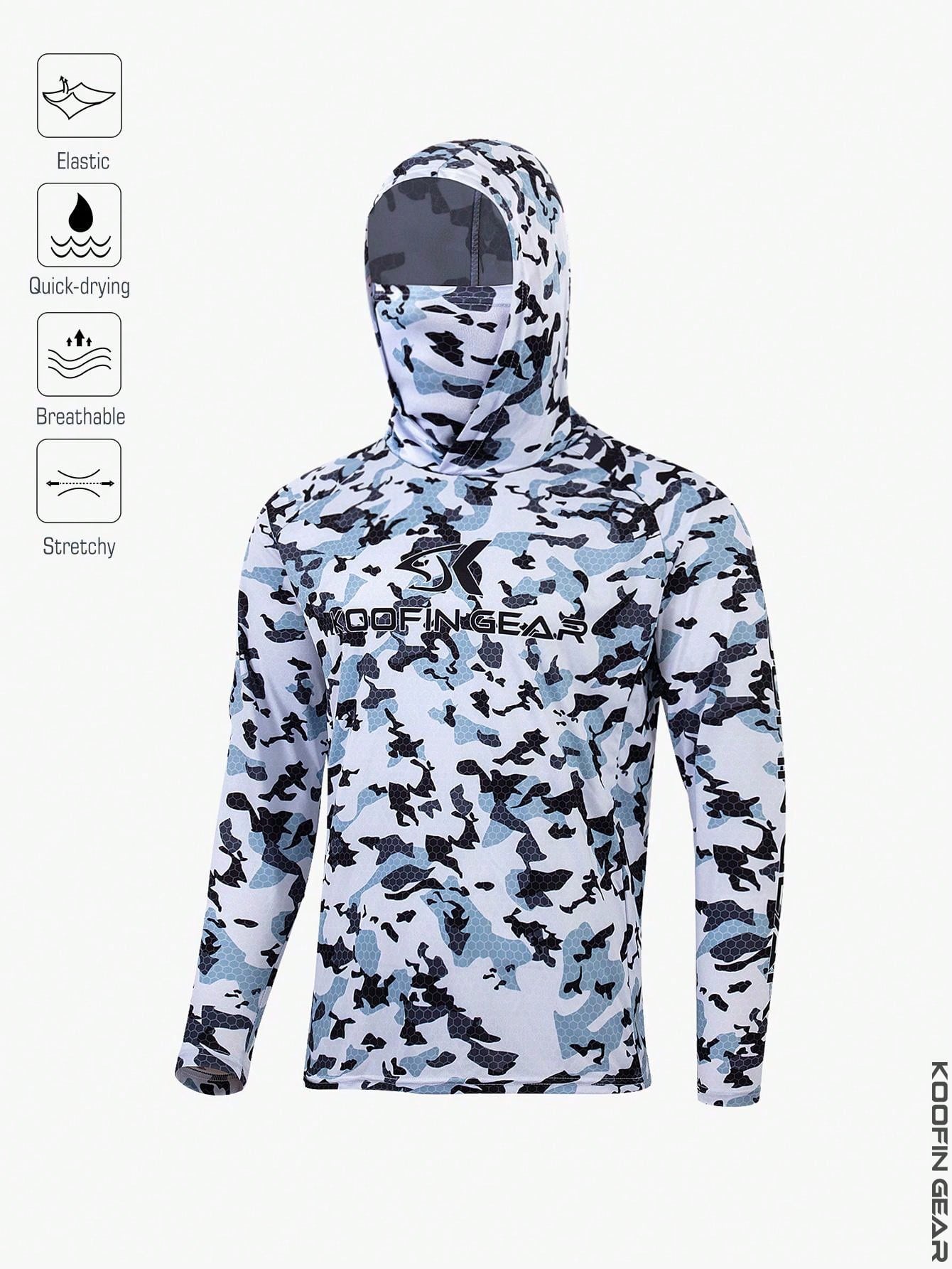 Boyfriend Style Men's High Performance Blue Camouflage Hoodie Fishing Shirt With Mask Long Sleeve Fishing Wear Uv Protection Quick Dry Jersey Clothes Lightweight Breathable Fabric