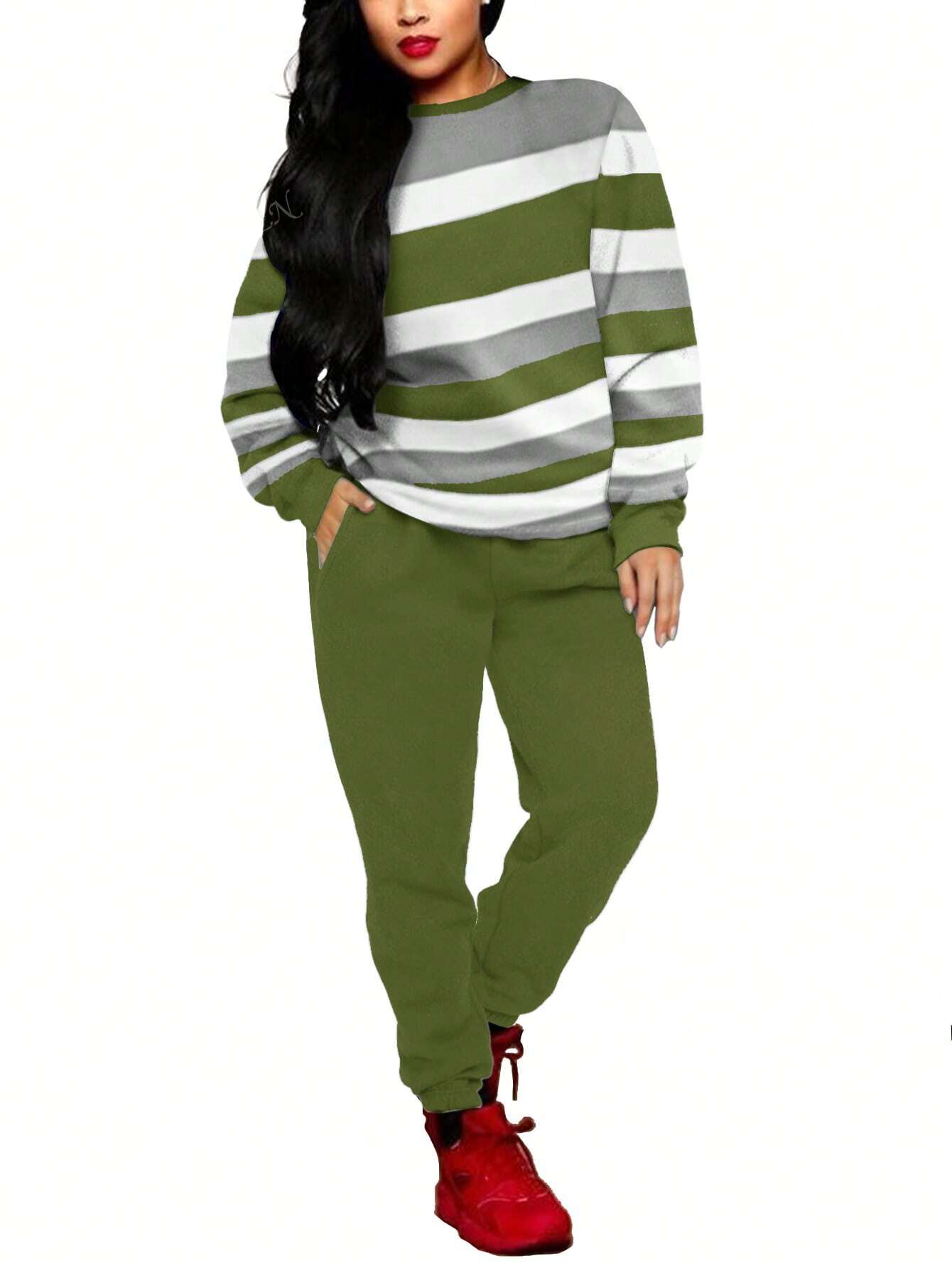 Striped Crew Neck Long Sleeve Minimalist Sweatshirt And Pocket Design Casual Pants Set