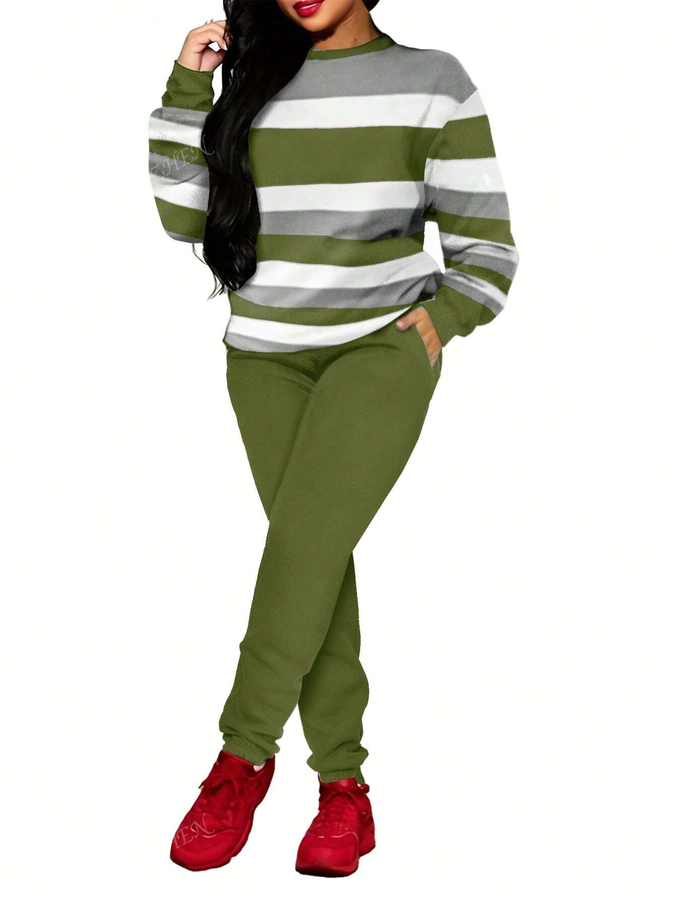 Striped Crew Neck Long Sleeve Minimalist Sweatshirt And Pocket Design Casual Pants Set