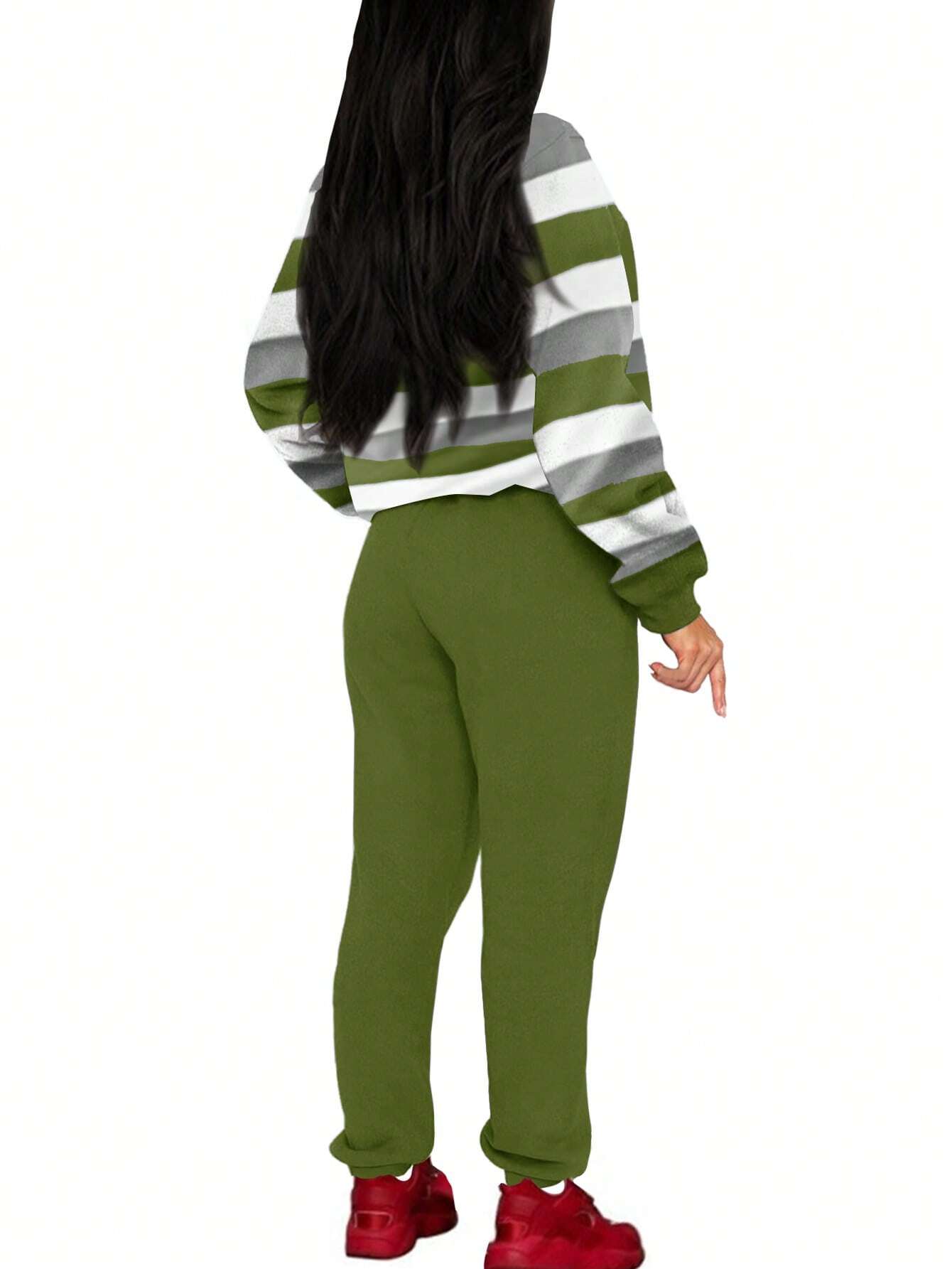 Striped Crew Neck Long Sleeve Minimalist Sweatshirt And Pocket Design Casual Pants Set