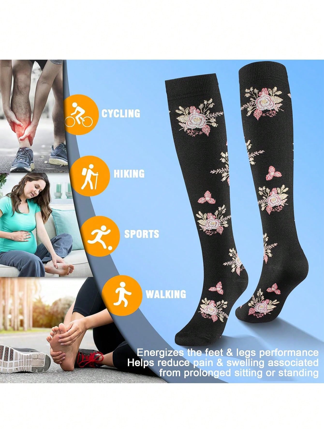 6 Pairs Compression Socks For Women, Floral Pattern Scocks Breathable High Tube Socks For Running Fitness Skipping Cycling Athletic Compression Socks