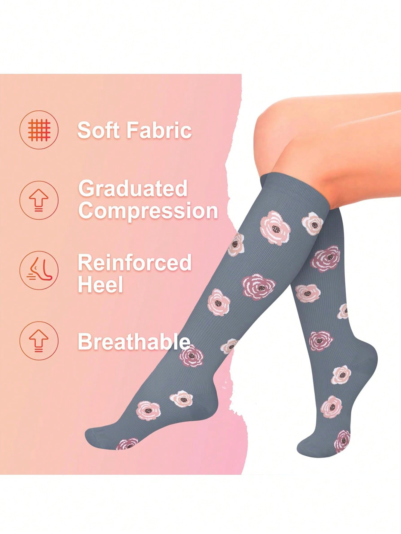 6 Pairs Compression Socks For Women, Floral Pattern Scocks Breathable High Tube Socks For Running Fitness Skipping Cycling Athletic Compression Socks