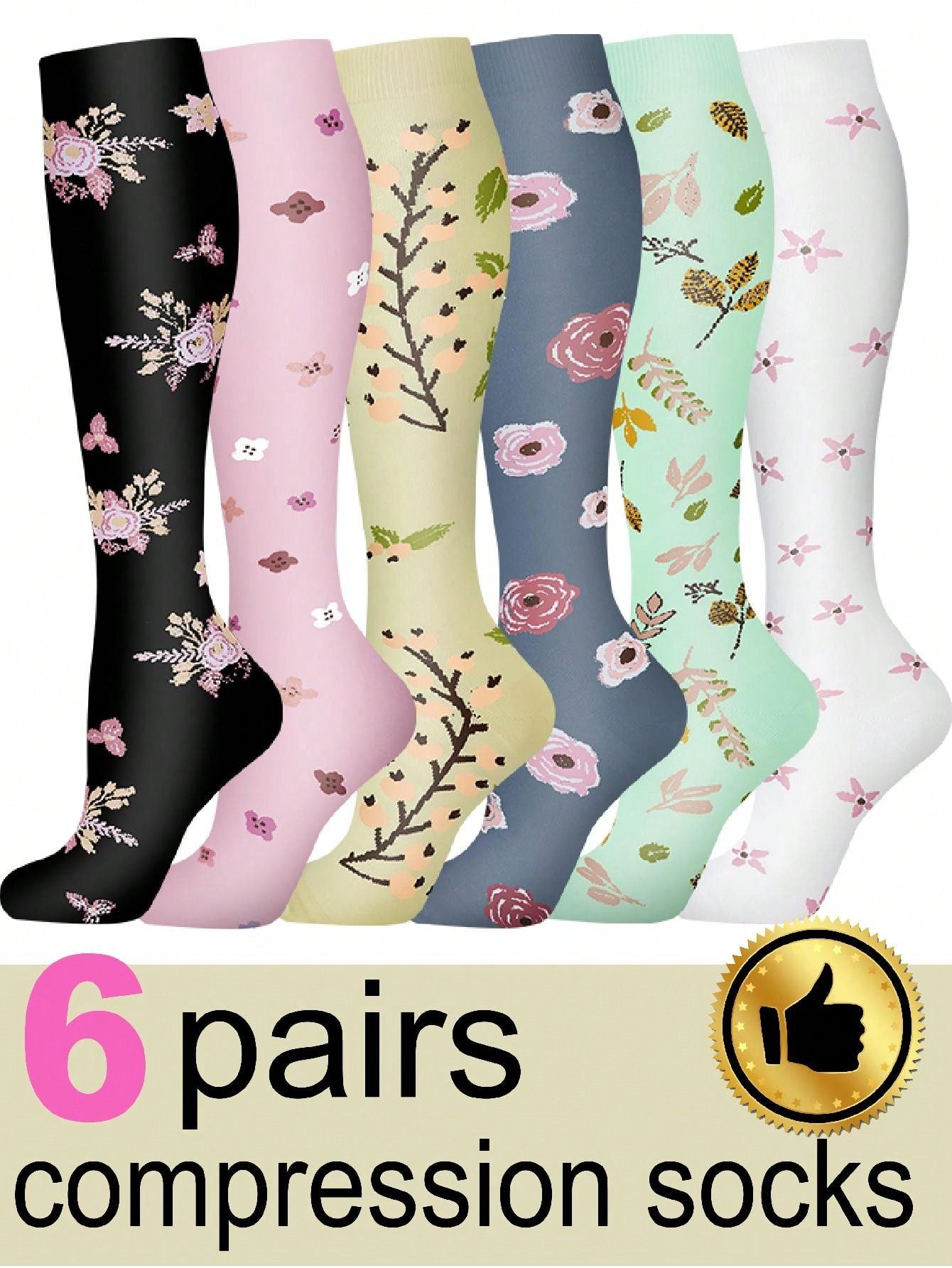 6 Pairs Compression Socks For Women, Floral Pattern Scocks Breathable High Tube Socks For Running Fitness Skipping Cycling Athletic Compression Socks