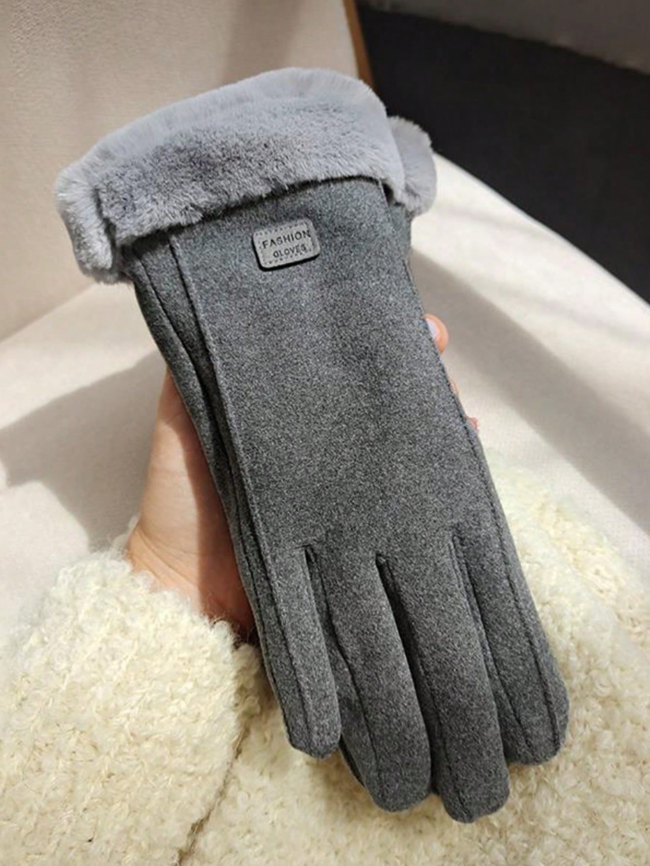 Wool Patchwork Fluffy Five-Finger Warm Thick Minimalist Gloves