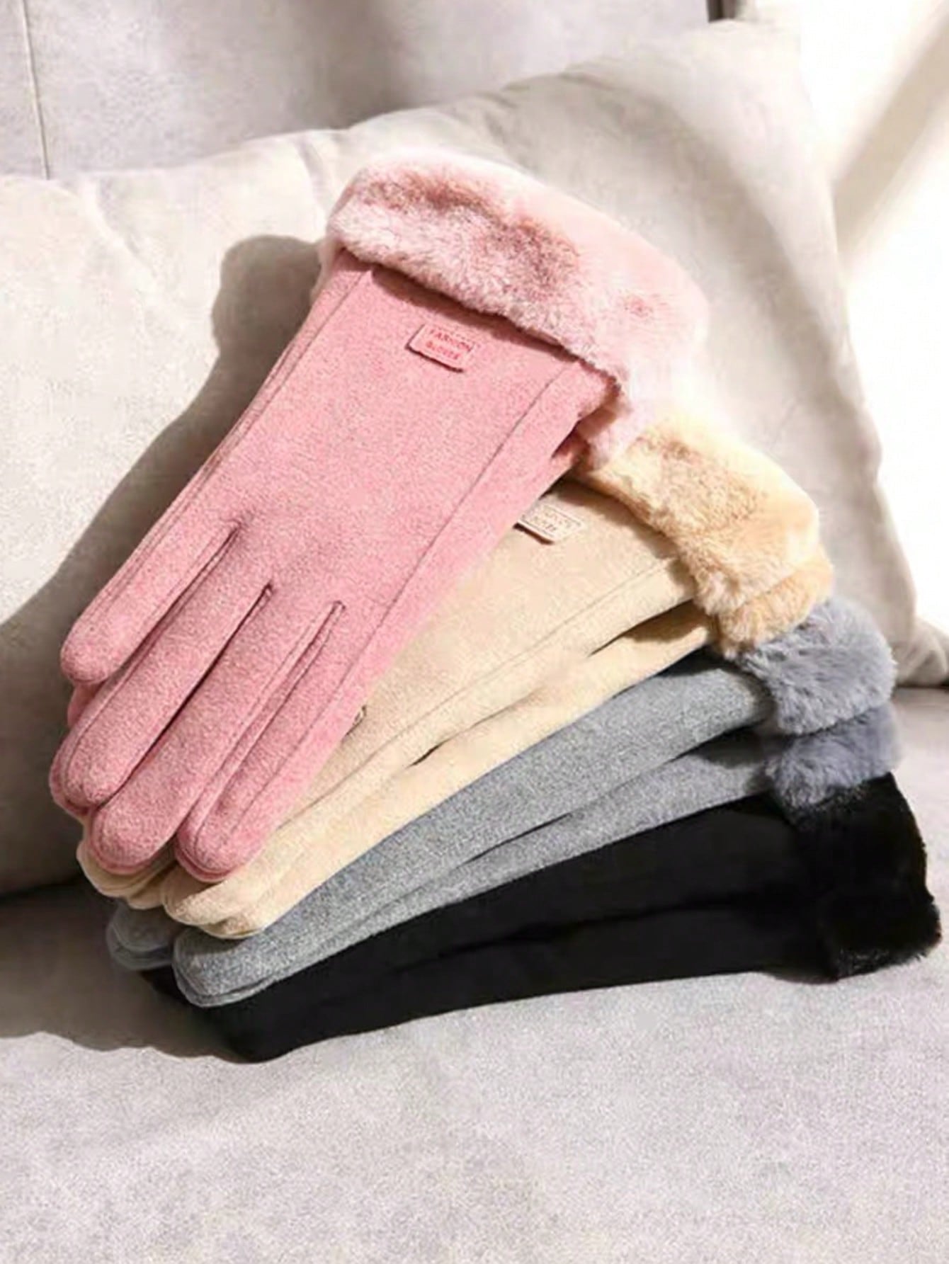 Wool Patchwork Fluffy Five-Finger Warm Thick Minimalist Gloves