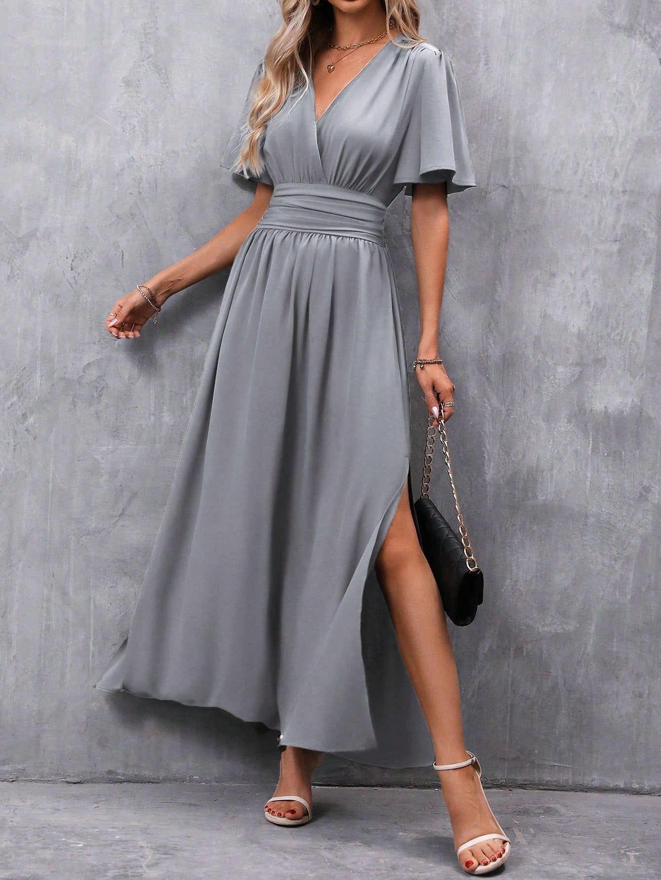 Clasi Butterfly Sleeve Ruched Waist Split Thigh Dress,Ladies Casual Ruched,Shirred,Split Thigh,Wrap Short Sleeve V Neck Regular Fit Long Dark Green Flounce Sleeve Plain A Line Women Long Dresses,Spring/Summer,Casual Daily Wear Maxi Women Outfit